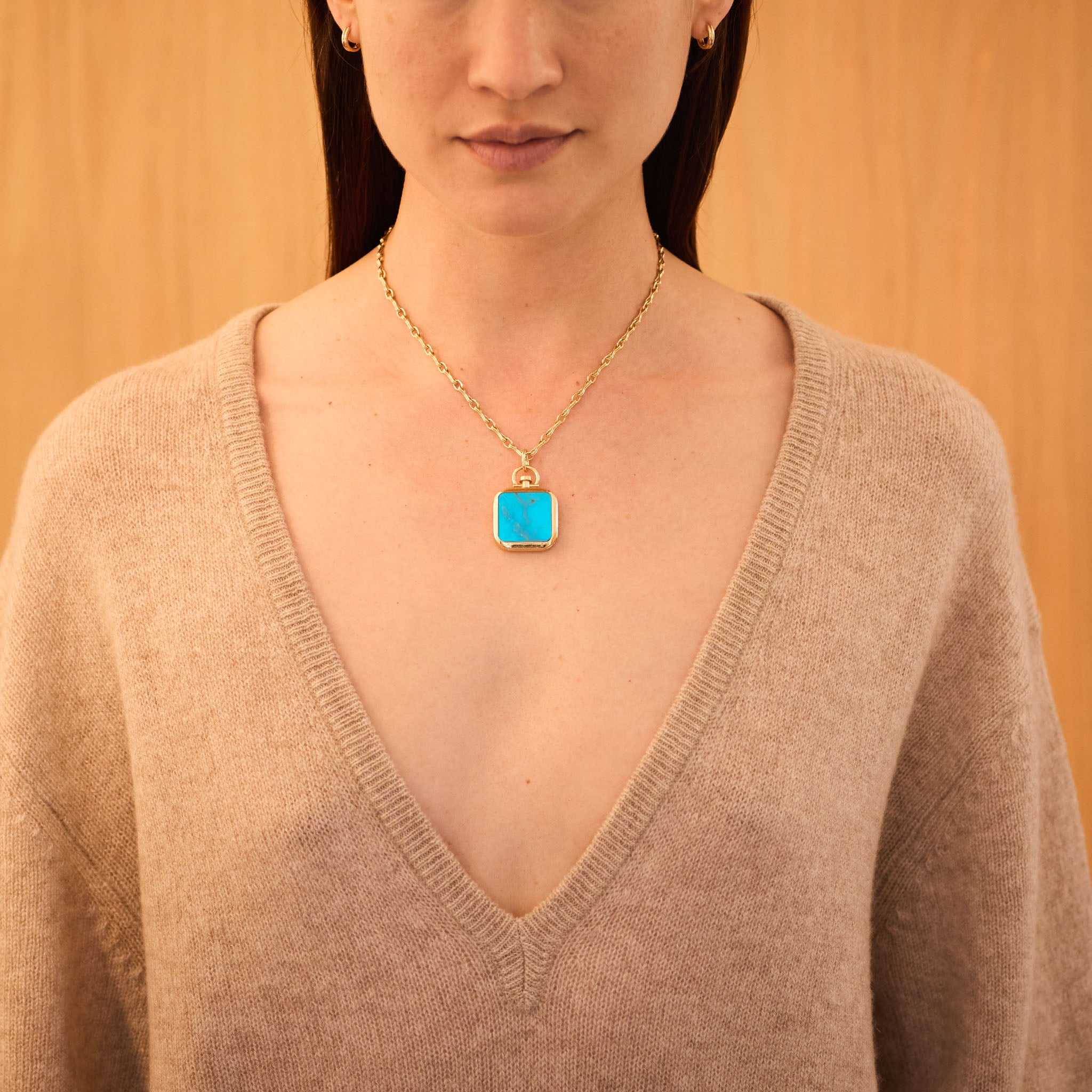 Reversible Square Kingman Turquoise Barre Photo Locket 18k Yellow Gold (One Side Stone, One Side Barre)