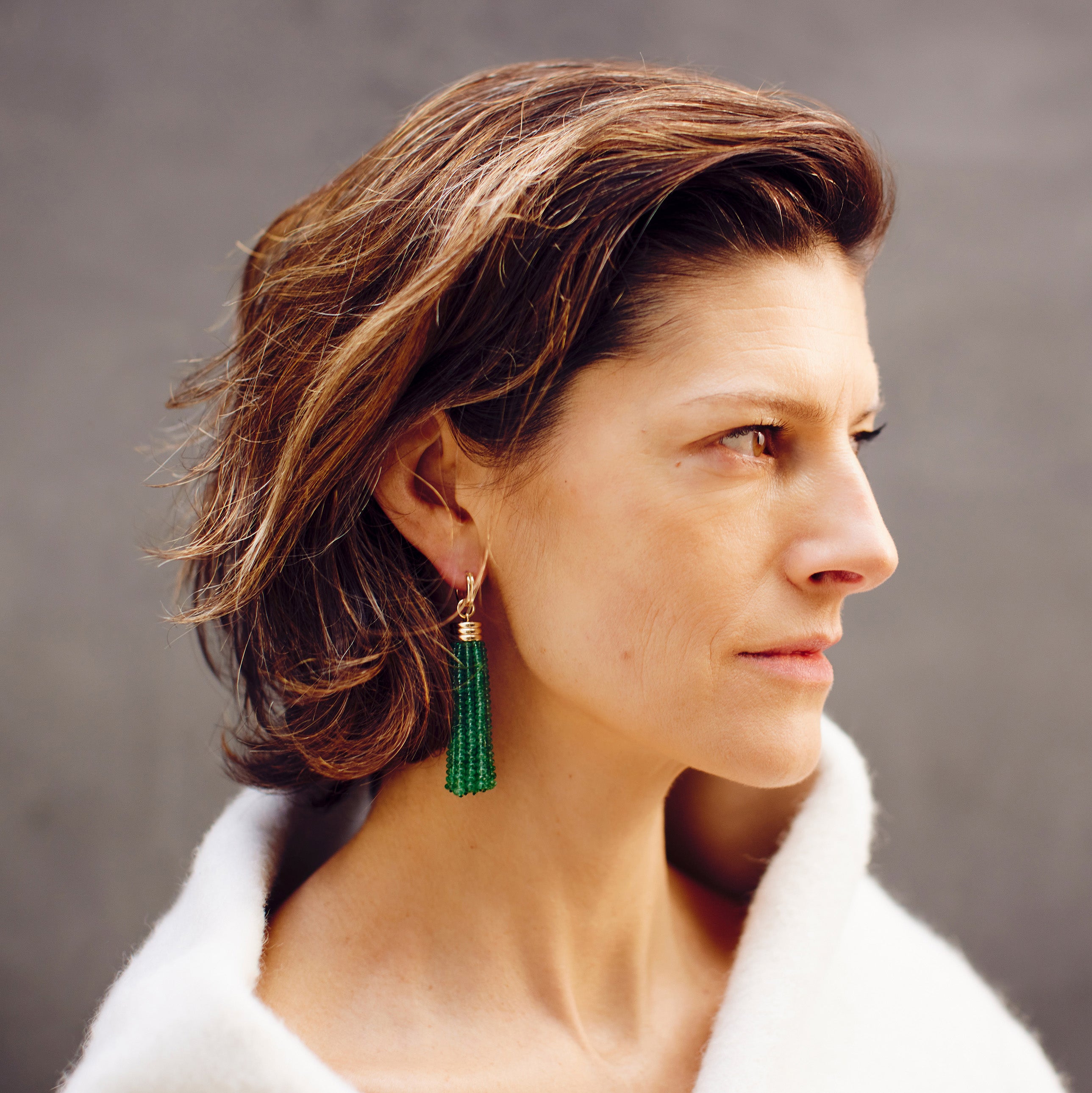 Triple Tassel Emerald Rondelles Earrings with Double Huggies, 18K Yellow Gold