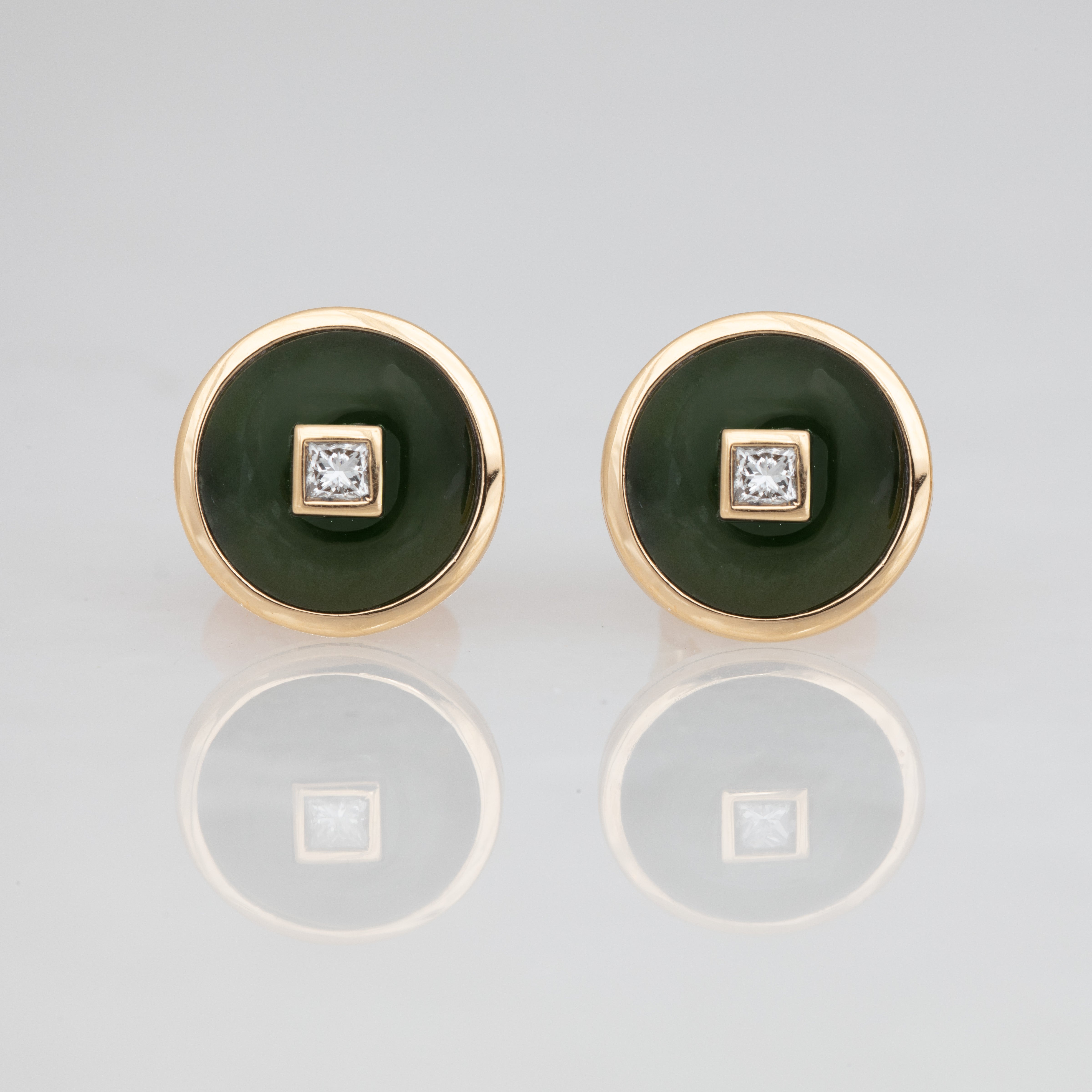 Princess Nephrite Jade Diamond Studs, 18K Yellow Gold, Medium