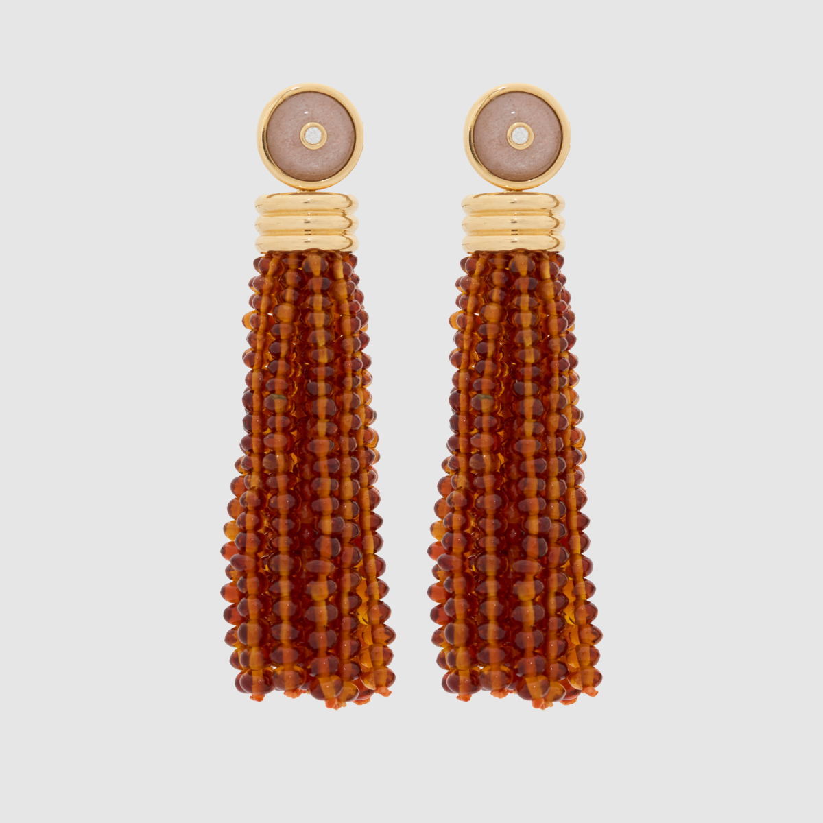 Triple Tassel Citrine Earrings with Peach Moonstone Diamond Studs, 18K Yellow Gold