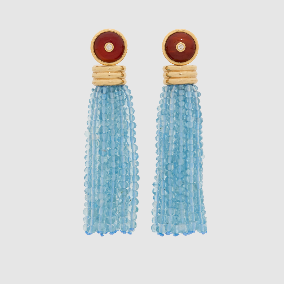 Triple Tassel Aquamarine Earrings with Red Chalcedony Diamond Studs, 18K Yellow Gold