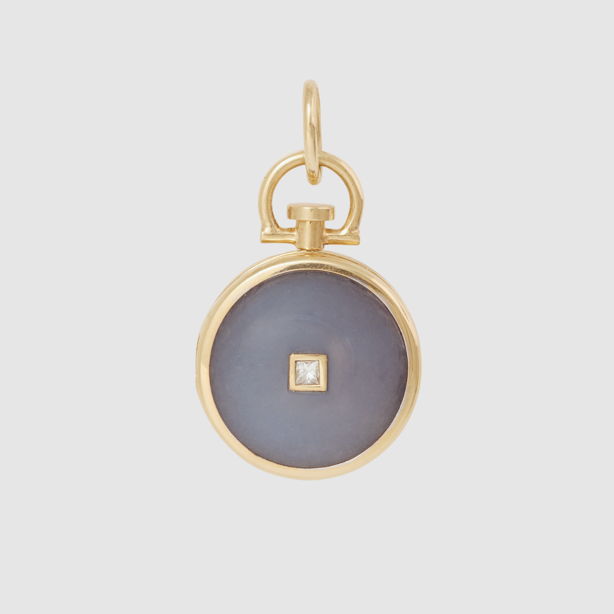 Reversible Diamond Circle Blue Chalcedony Photo Locket 18k Yellow Gold (One side stone, one side barre)