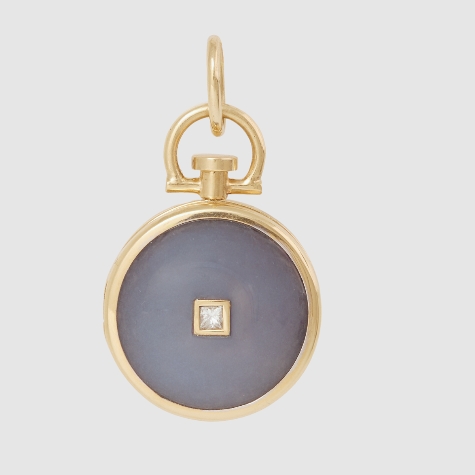 Reversible Diamond Circle Blue Chalcedony Photo Locket 18k Yellow Gold (One side stone, one side barre)