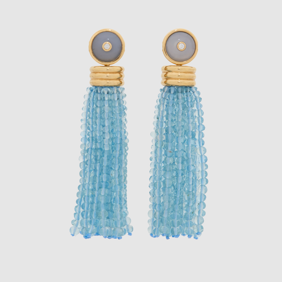 Triple Tassel Aquamarine Earrings with Blue Chalcedony Diamond Studs, 18K Yellow Gold