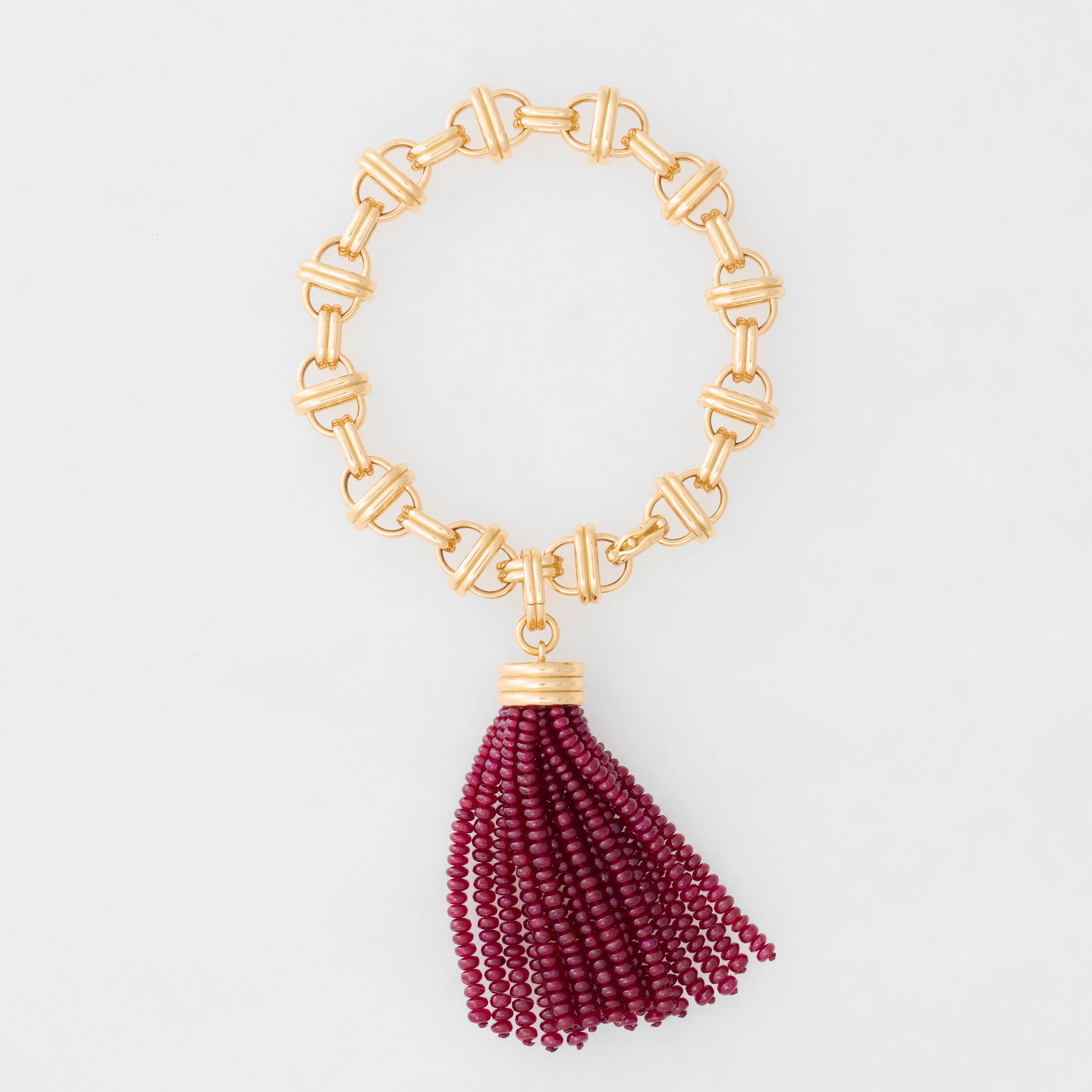 Triple Tassel Ruby Tassel Pendant with Oval Link Bracelet 7.75" Large, 18K Yellow Gold