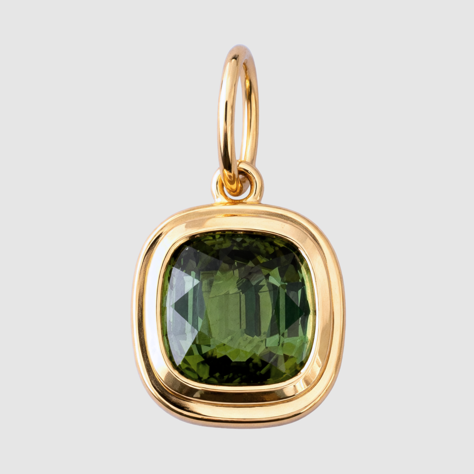Green Tourmaline Cushion Bezel Set Pendant, 18K Yellow Gold