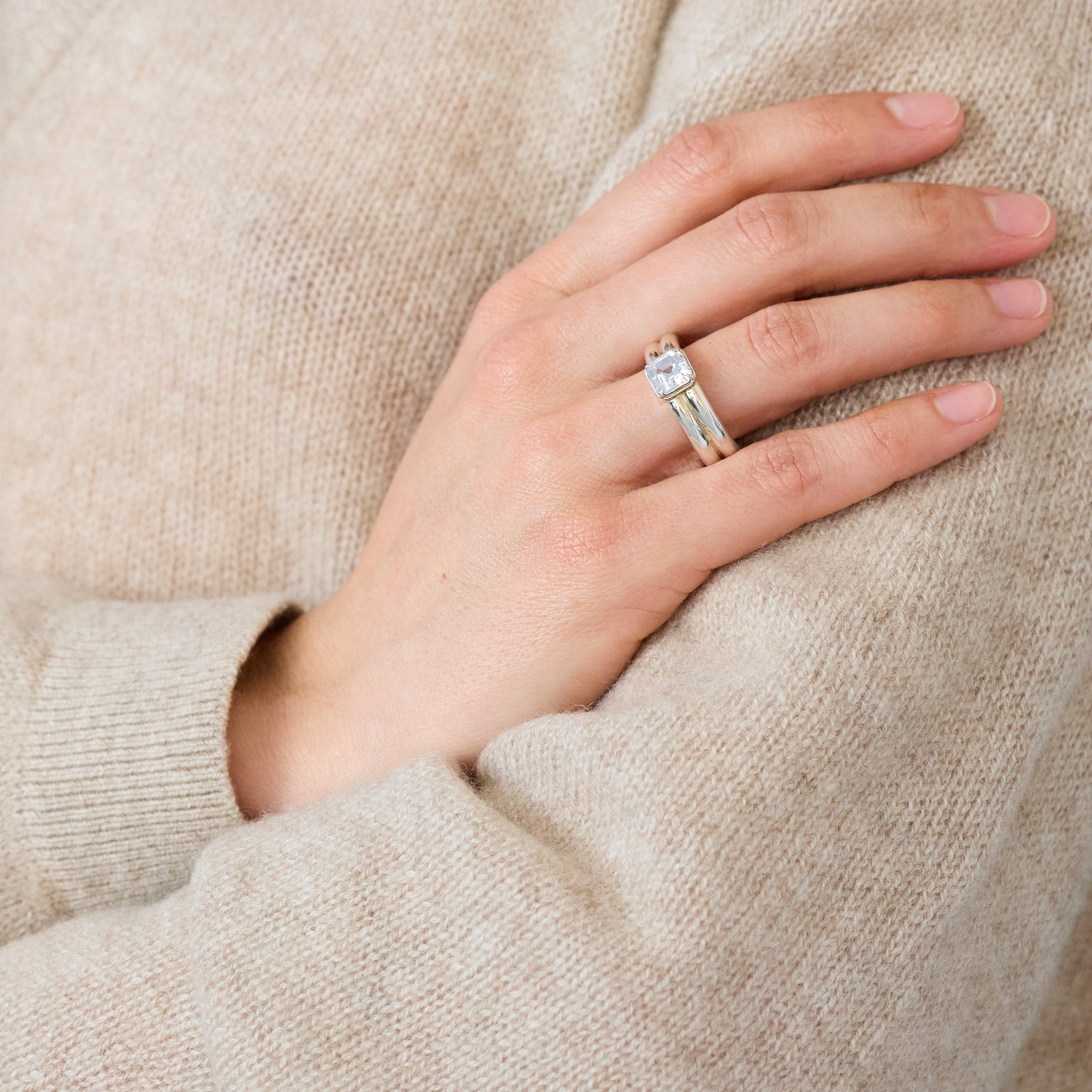 Diamond Double Band Asscher Ring, 18k Yellow Gold, Prong Set