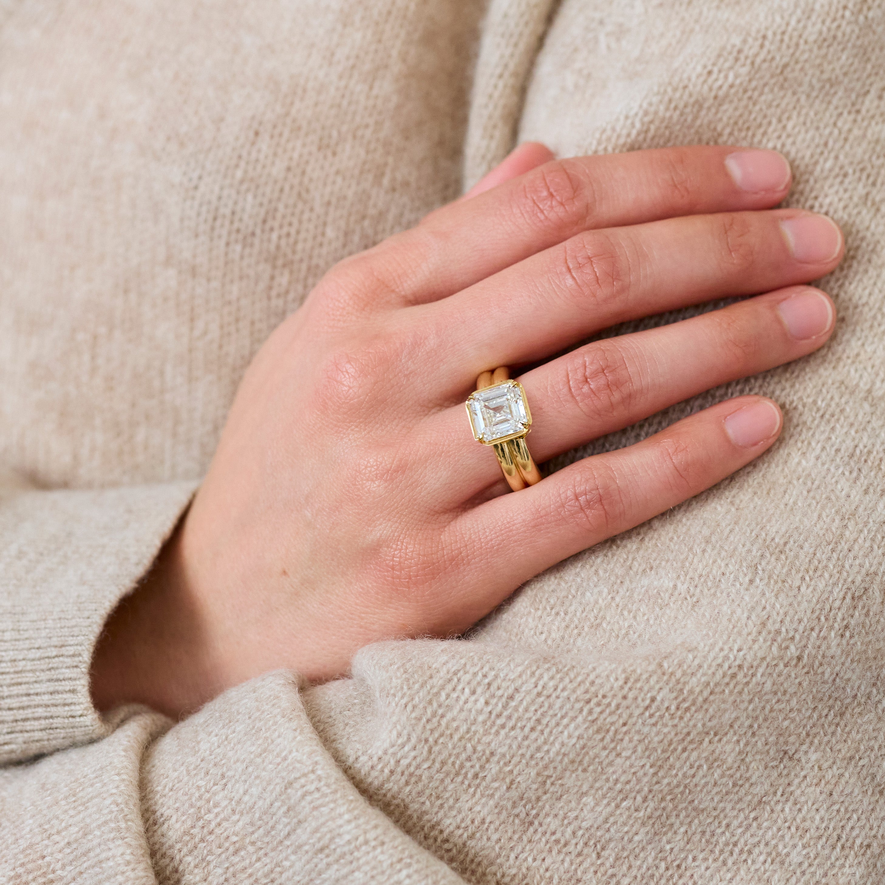 Diamond Double Band Asscher Ring, 18k Yellow Gold, Prong Set