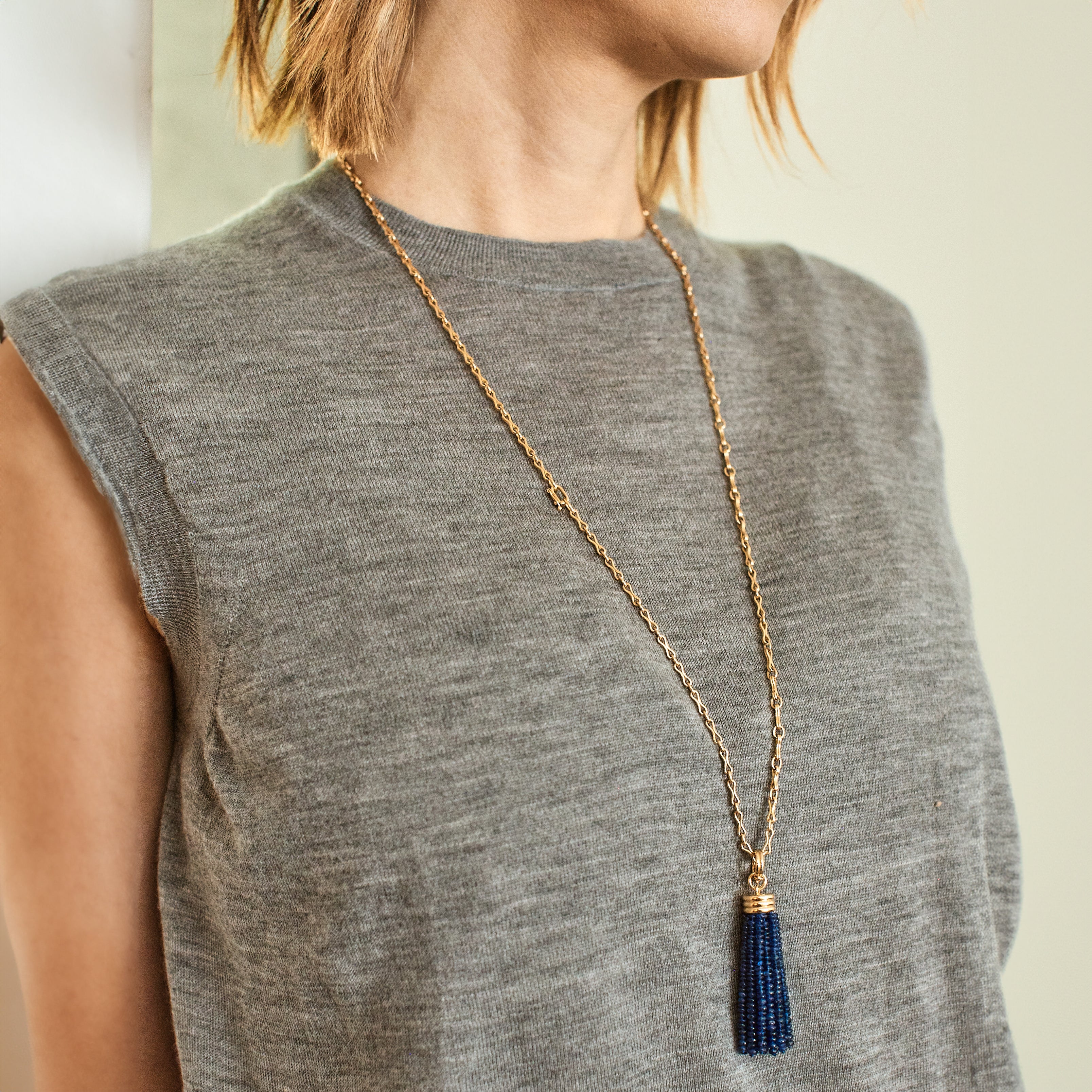 Triple Tassel Blue Sapphire Rondelles Pendant, 18K Yellow Gold
