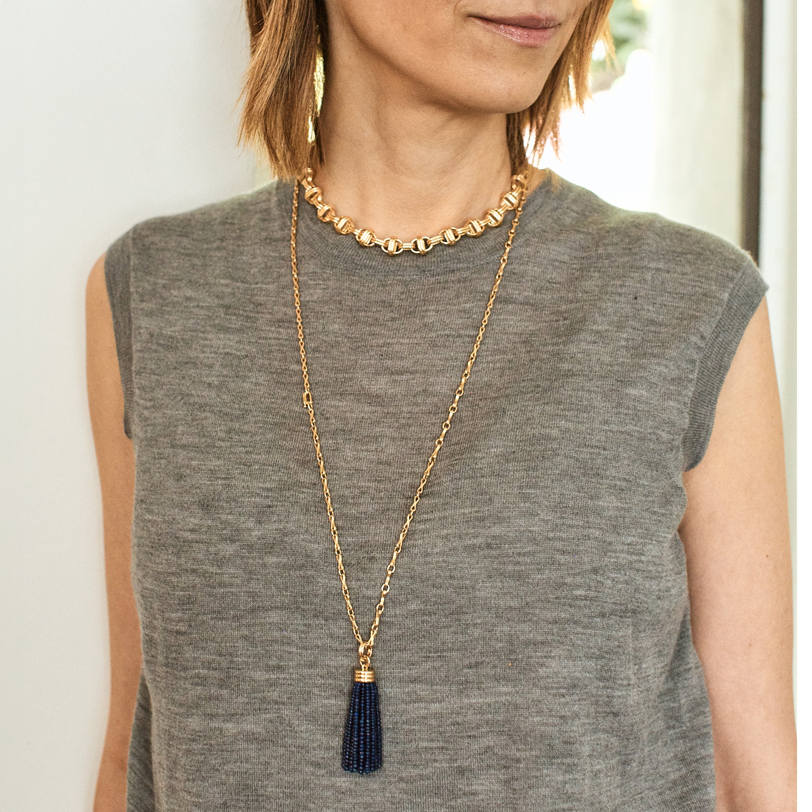 Triple Tassel Blue Sapphire Rondelles Pendant, 18K Yellow Gold