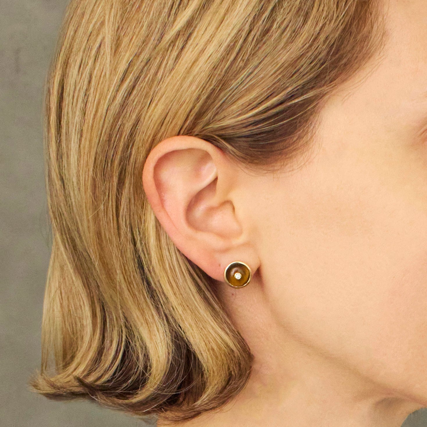 Round Tiger's Eye Diamond Studs, 18K Yellow Gold, Small