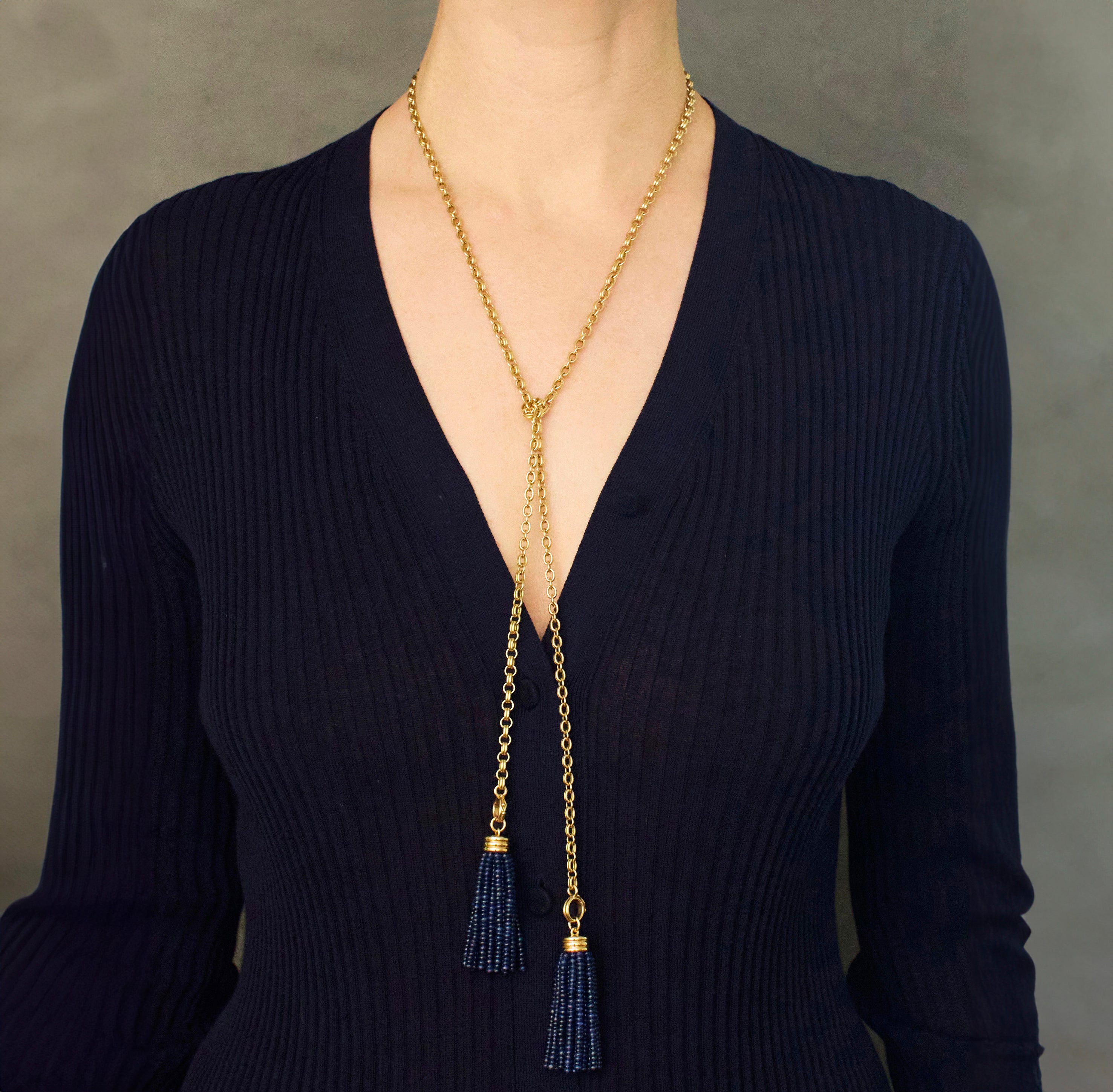 Sautoir Double Convertible Blue Sapphire Necklace 18K Yellow Gold, Medium Link, 32"
