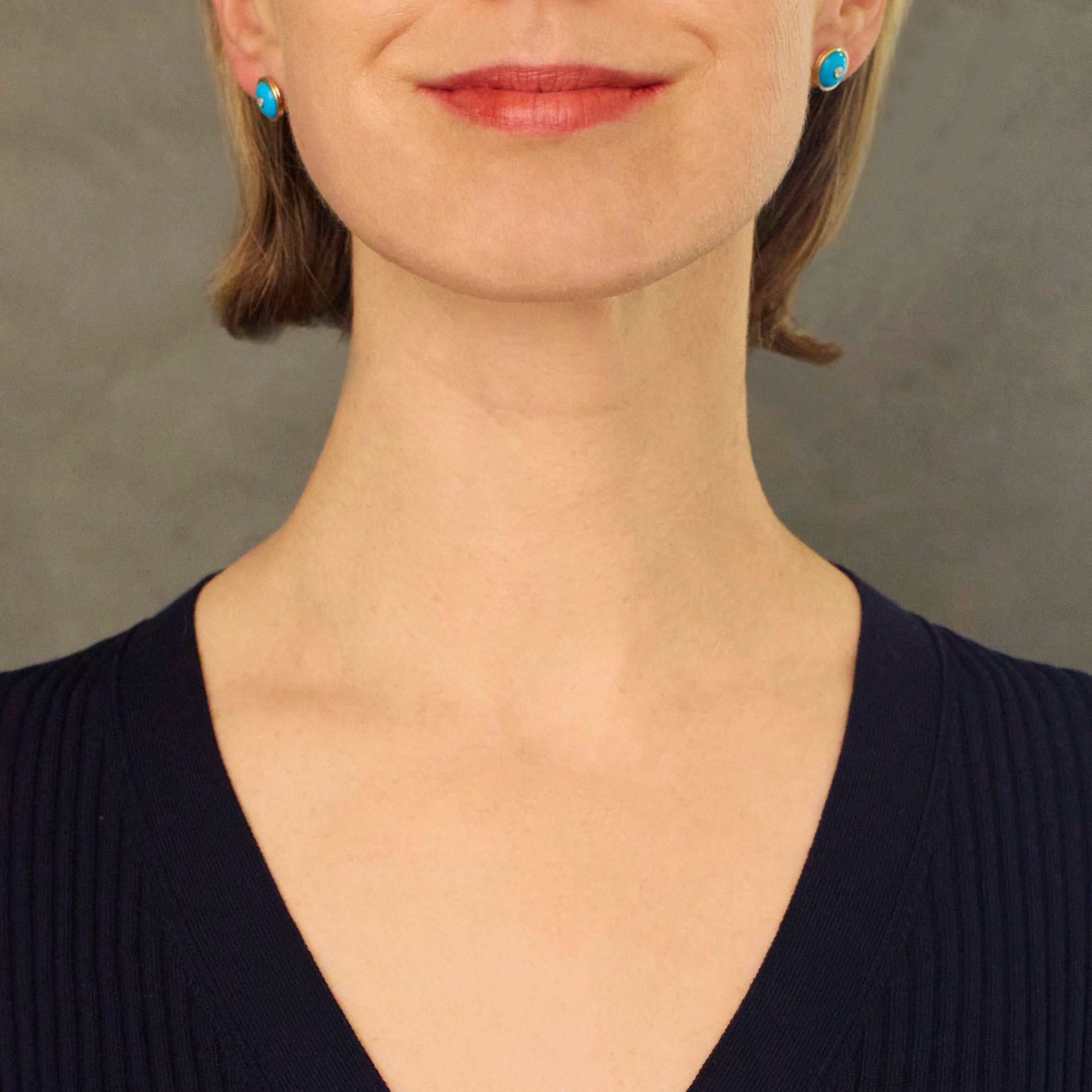 Round Turquoise Diamond Studs, 18K Yellow Gold, Small