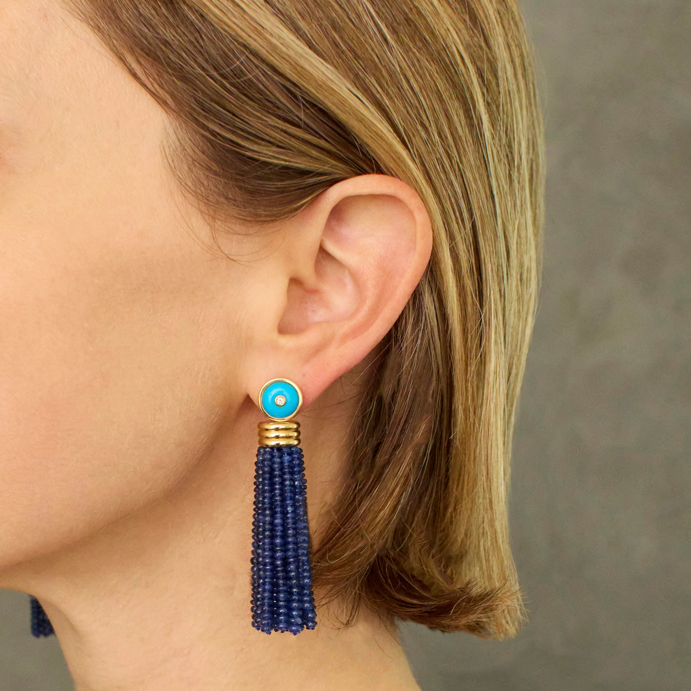 Triple Tassel Blue Sapphire Earrings with Turquoise Diamond Studs, 18K Yellow Gold