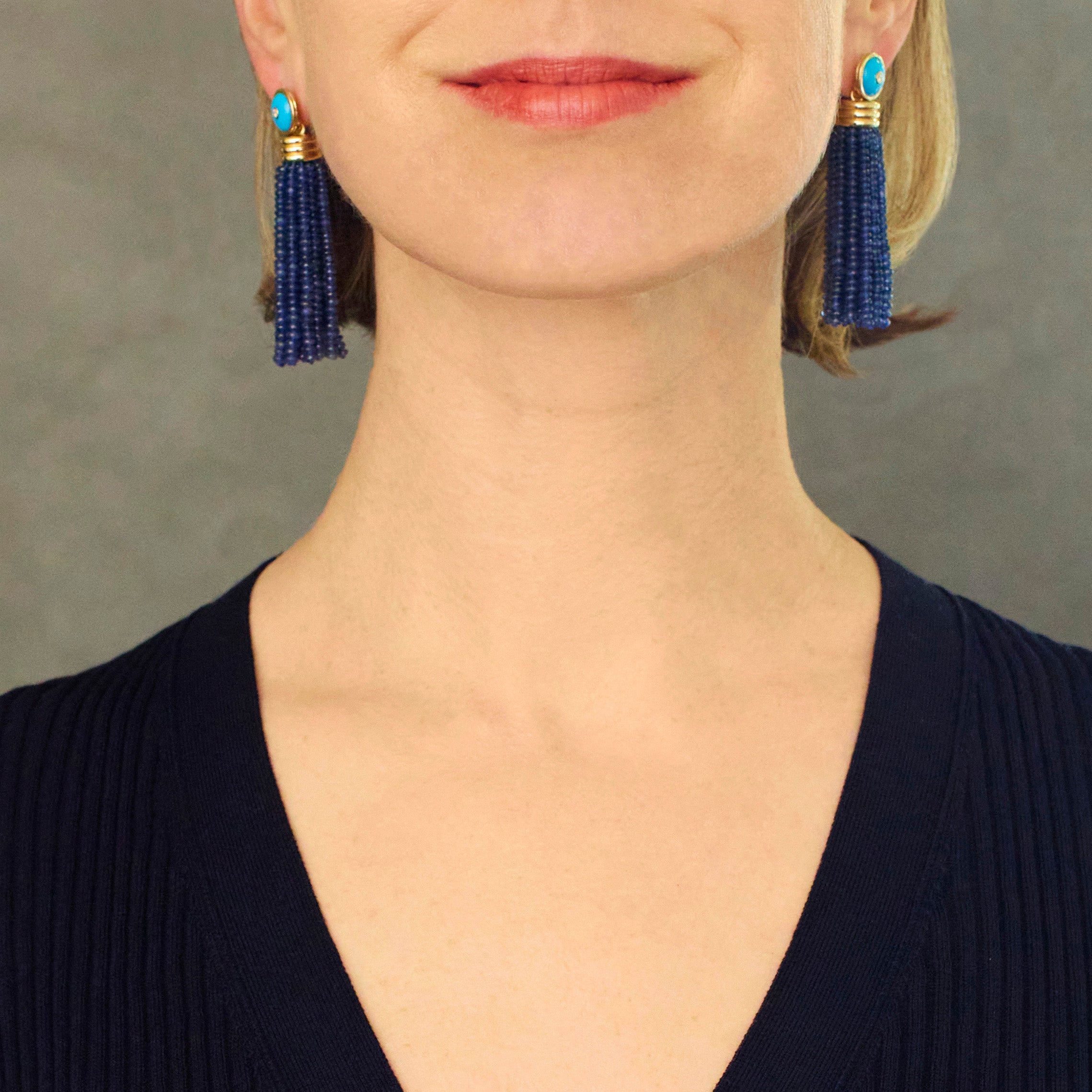 Triple Tassel Blue Sapphire Earrings with Turquoise Diamond Studs, 18K Yellow Gold