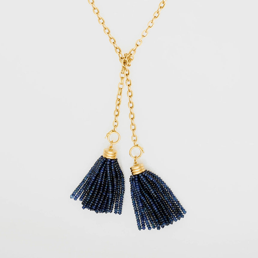 Sautoir Double Convertible Blue Sapphire Necklace 18K Yellow Gold, Medium Link, 32"