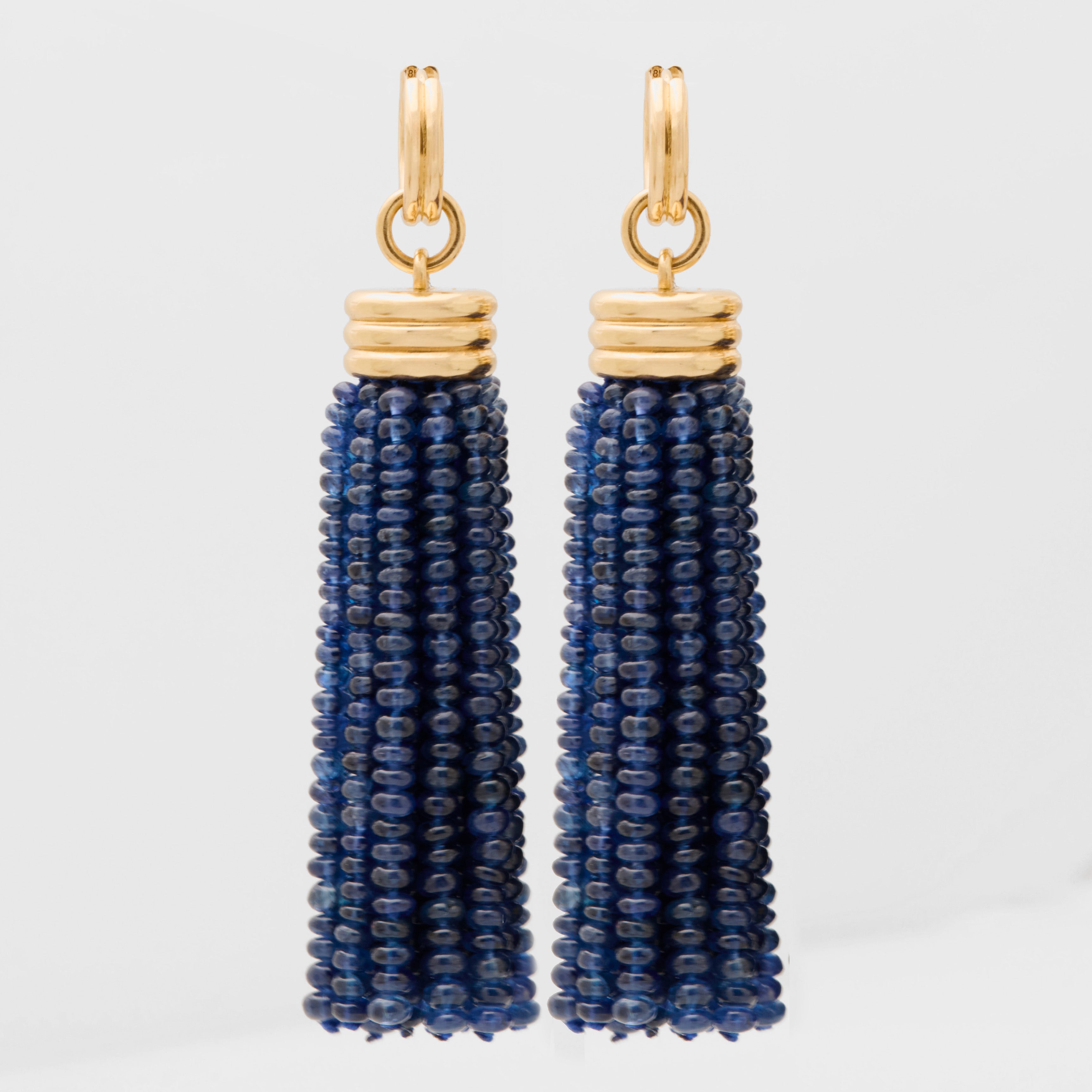 Triple Tassel Blue Sapphire Rondelles Earrings with Double Huggies, 18K Yellow Gold