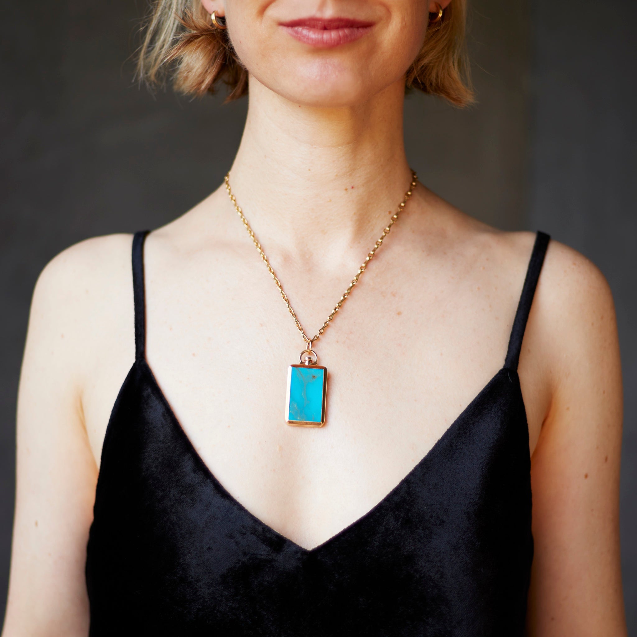 Reversible Rectangle Kingman Turquoise Barre Photo Locket 18k Yellow Gold (One Side Stone, One Side Barre)
