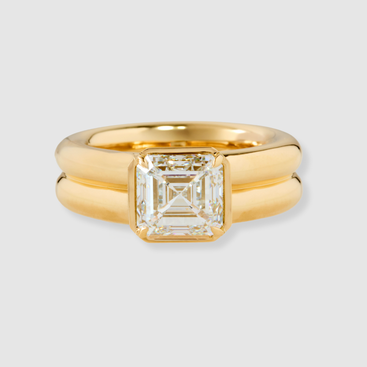Diamond Double Band Asscher Ring, 18k Yellow Gold, Prong Set