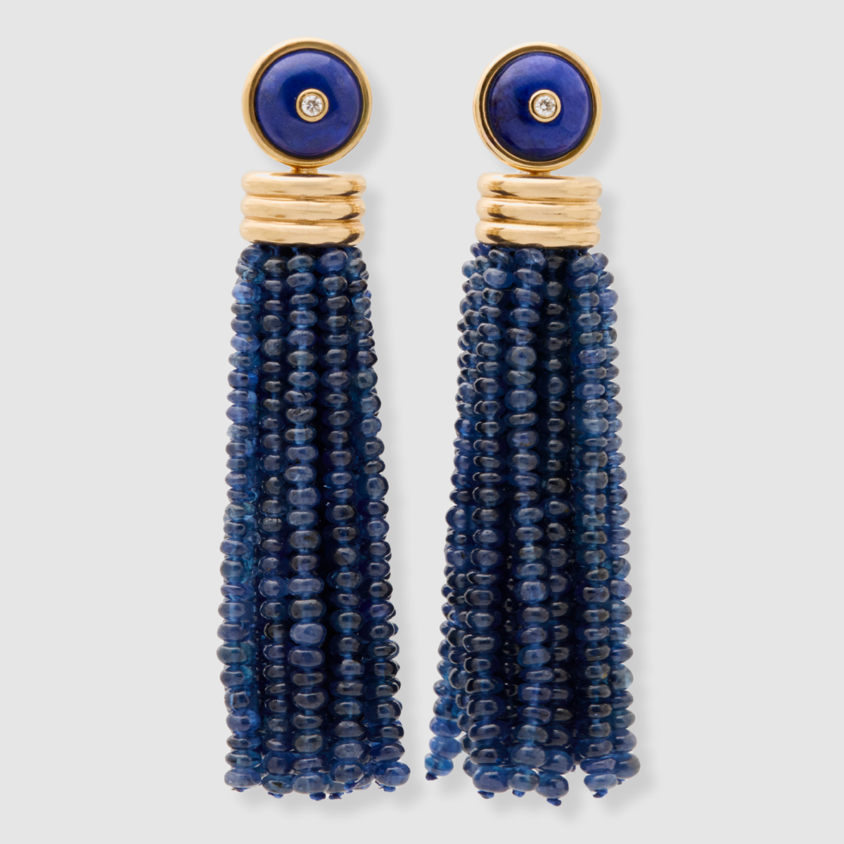 Triple Tassel Blue Sapphire Earrings with Lapis Lazuli Diamond Studs, 18K Yellow Gold