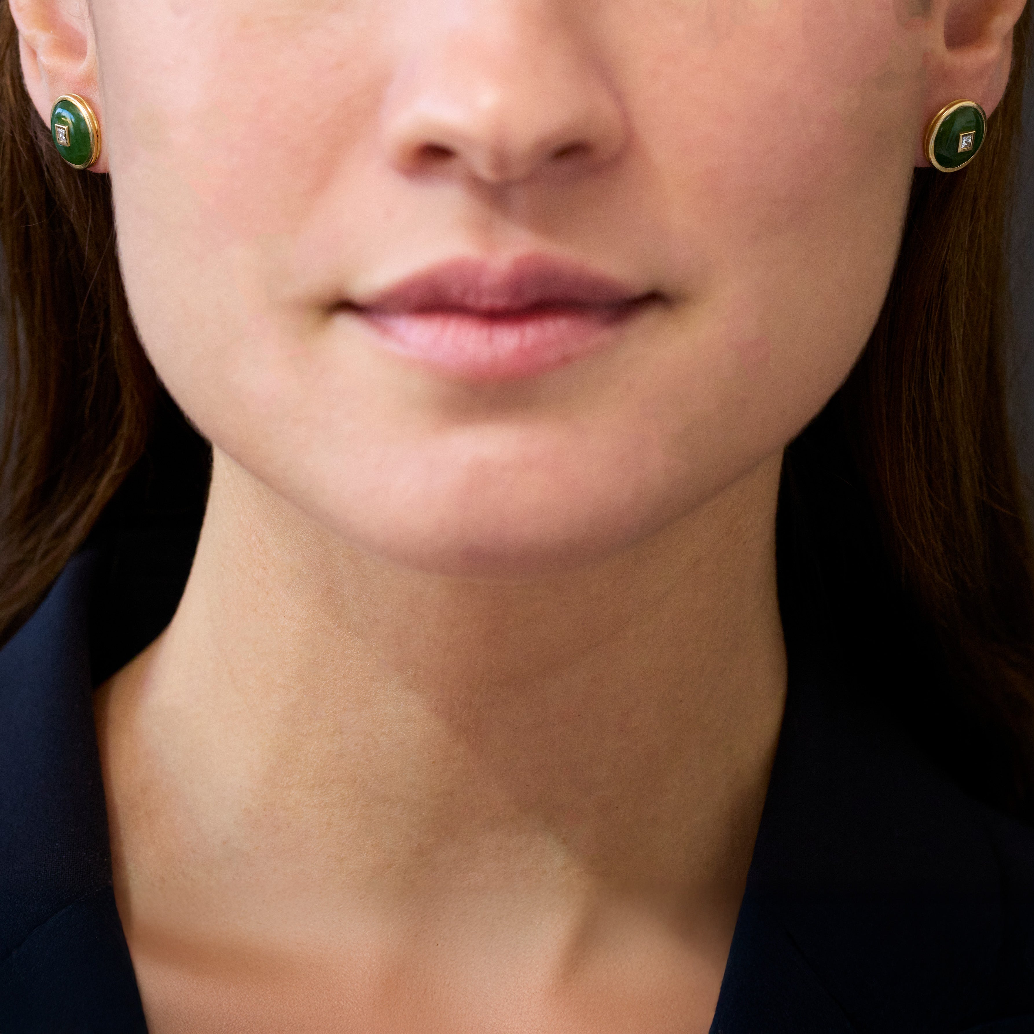 Princess Nephrite Jade Diamond Studs, 18K Yellow Gold, Medium