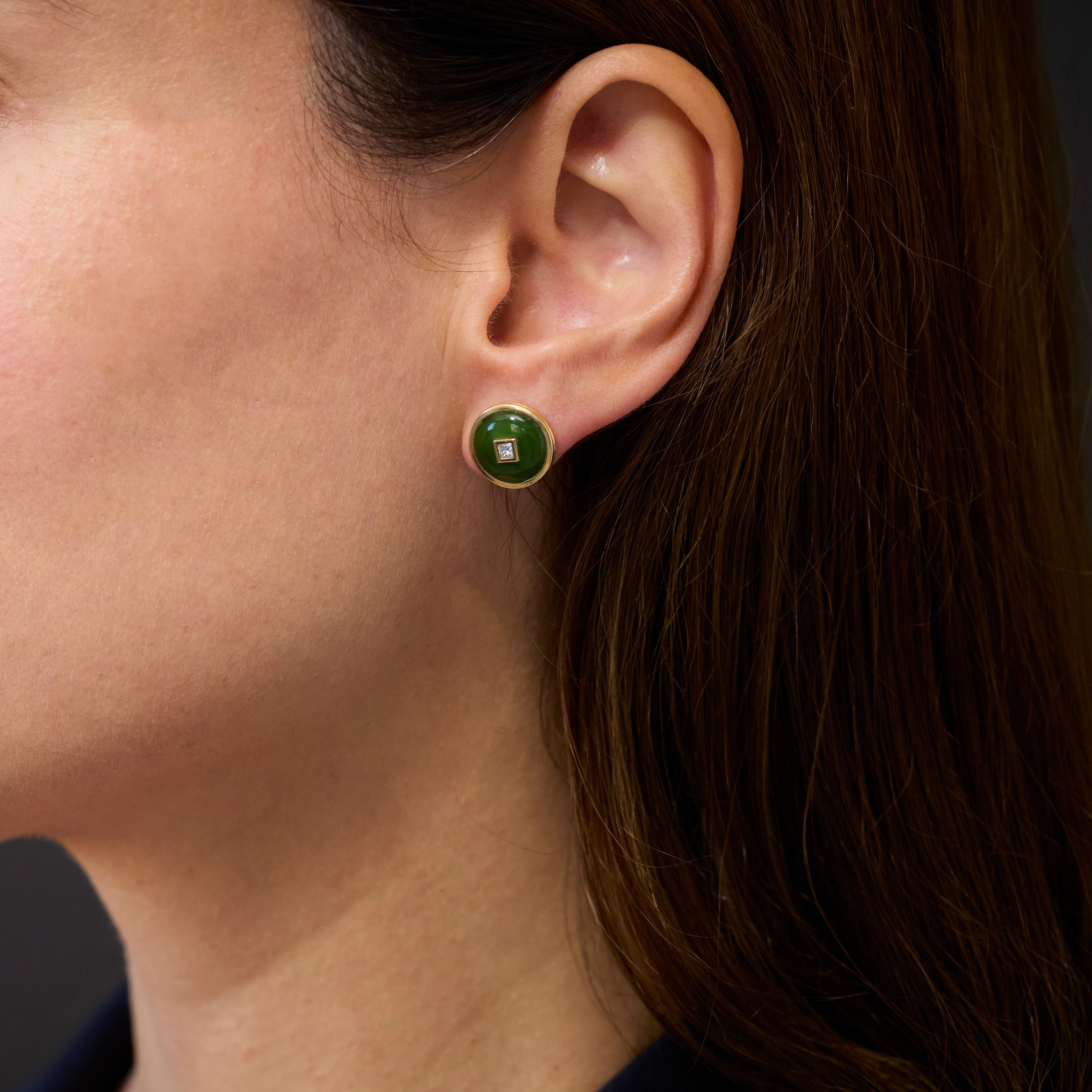Princess Nephrite Jade Diamond Studs, 18K Yellow Gold, Medium