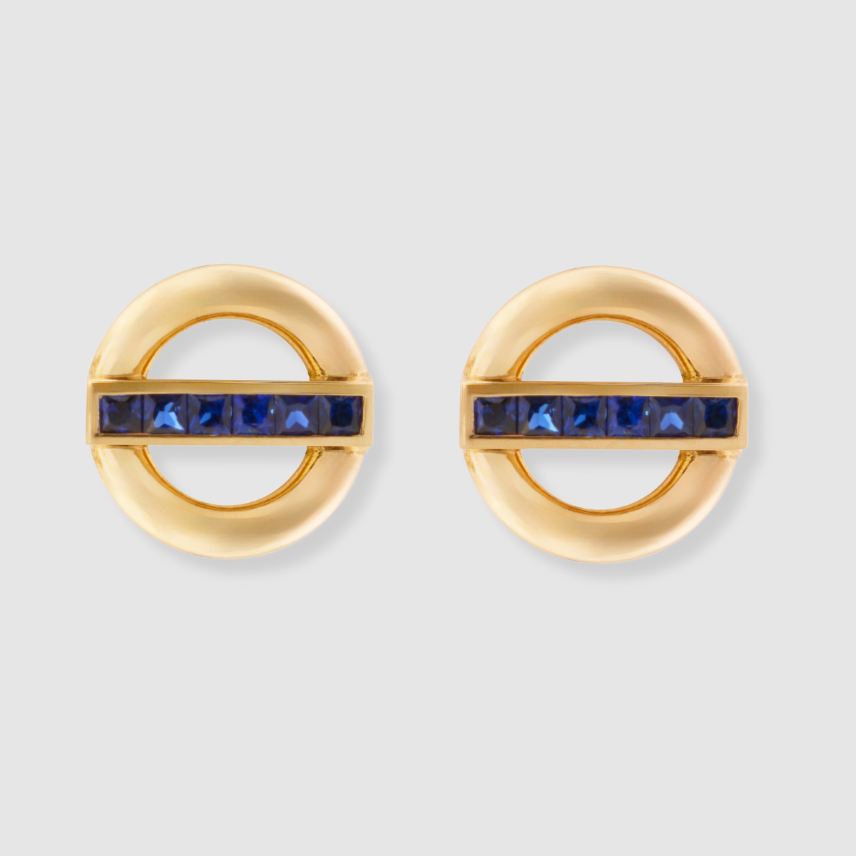 Blue Sapphire Orbit Link Studs, 18k Yellow Gold
