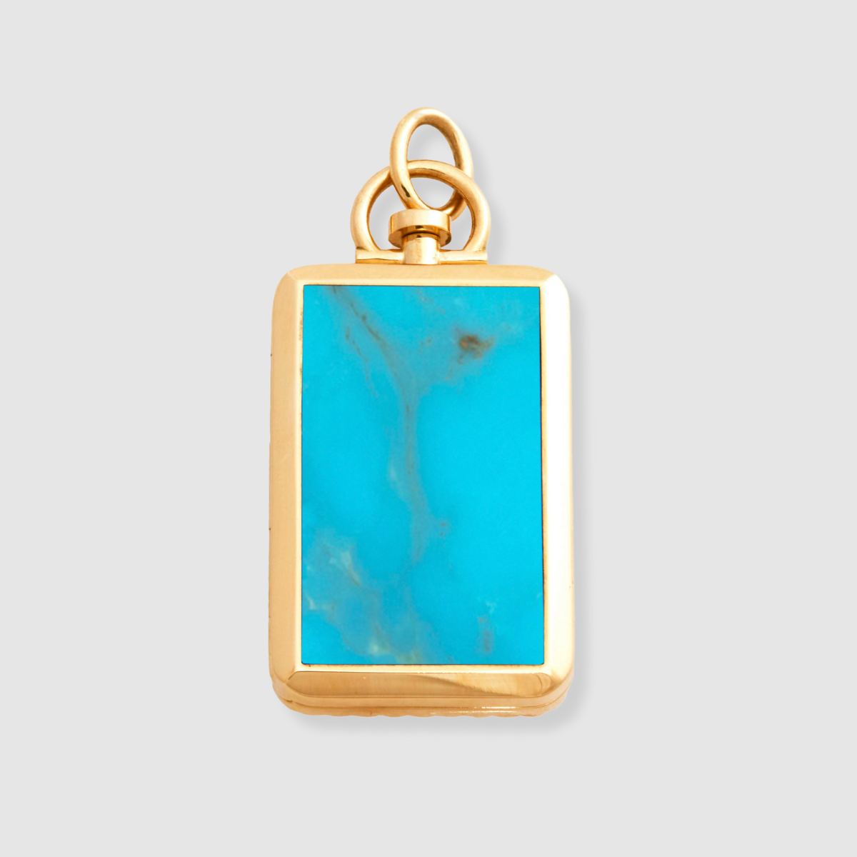Reversible Rectangle Kingman Turquoise Barre Photo Locket 18k Yellow Gold (One Side Stone, One Side Barre)