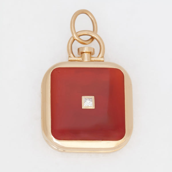 Reversible Diamond Red Chalcedony Square Barre Photo Locket 18k Yellow Gold