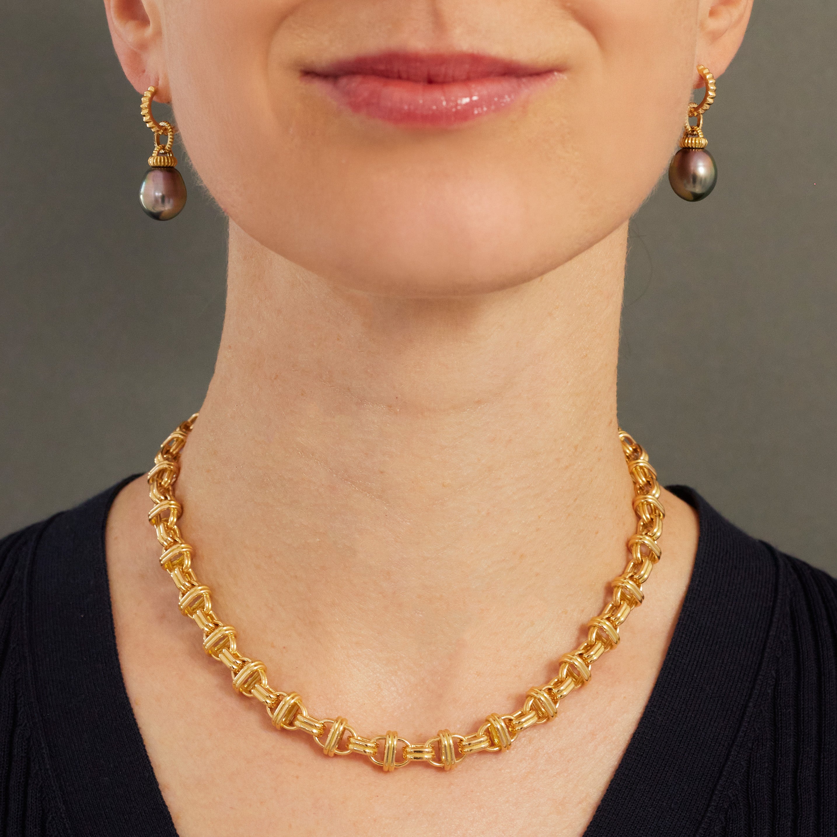 Tahitian Pearl Drops with Barre Huggies, 18k Yellow Gold, Large (Pearl)