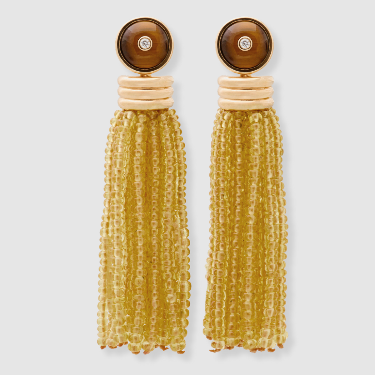 Triple Tassel Yellow Sapphire Earrings with Tiger's Eye Diamond Studs, 18K Yellow Gold