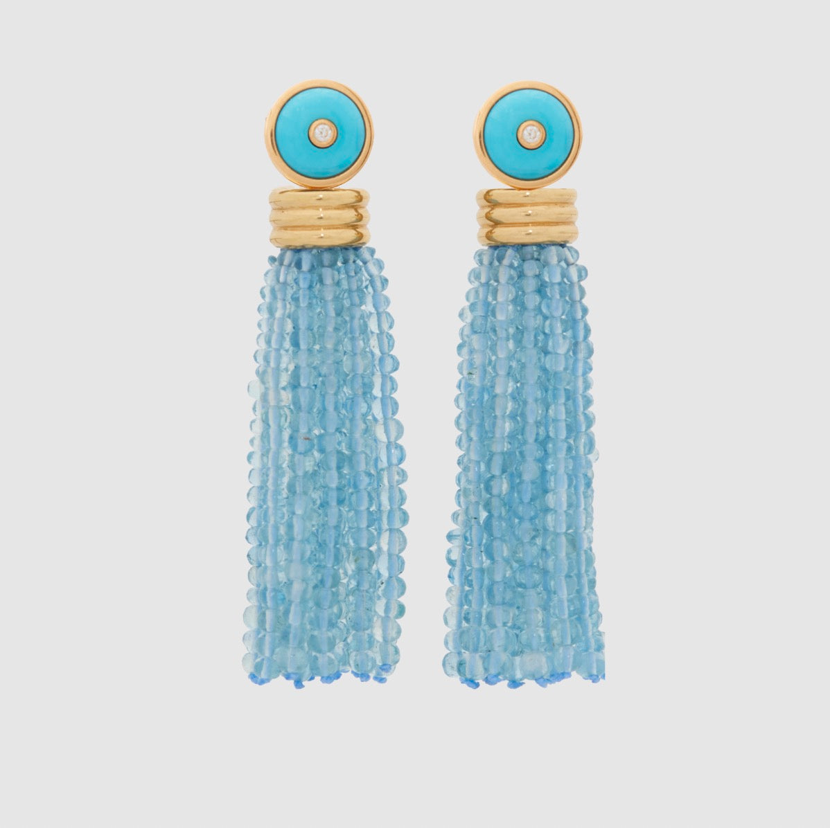Triple Tassel Aquamarine Earrings with Turquoise Diamond Studs, 18K Yellow Gold