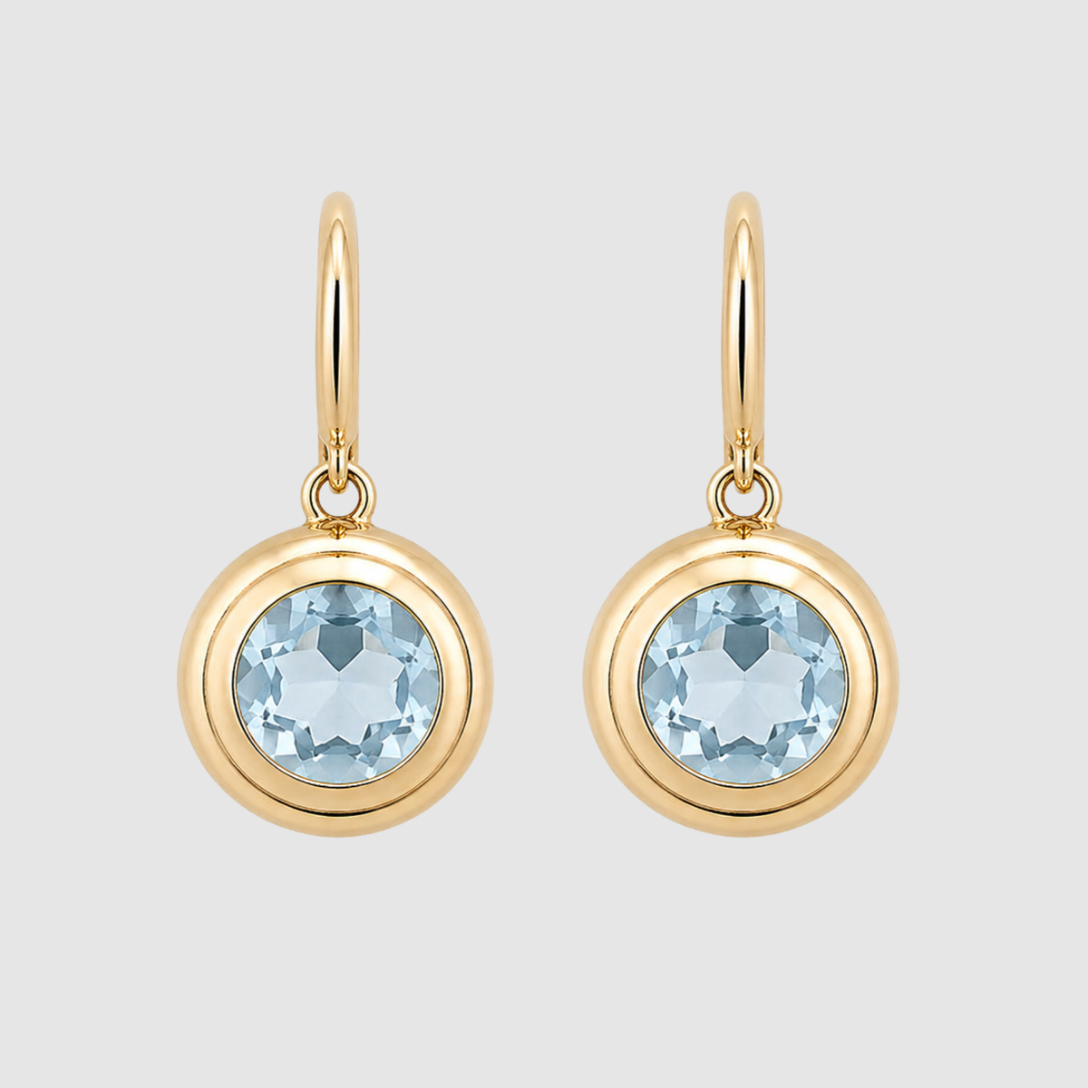 Aquamarine Bezel Set Round Ear Wire Earrings, 18K Yellow Gold