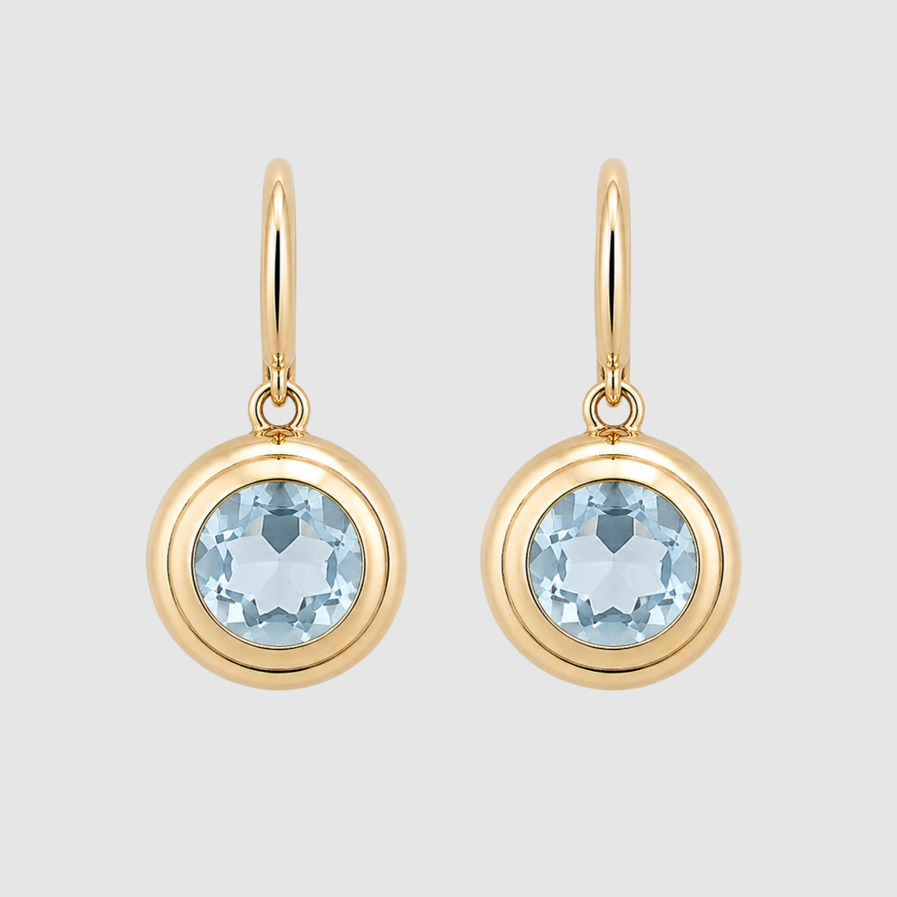 Aquamarine Round Bezel Set Ear Wire Earrings, 18K Yellow Gold