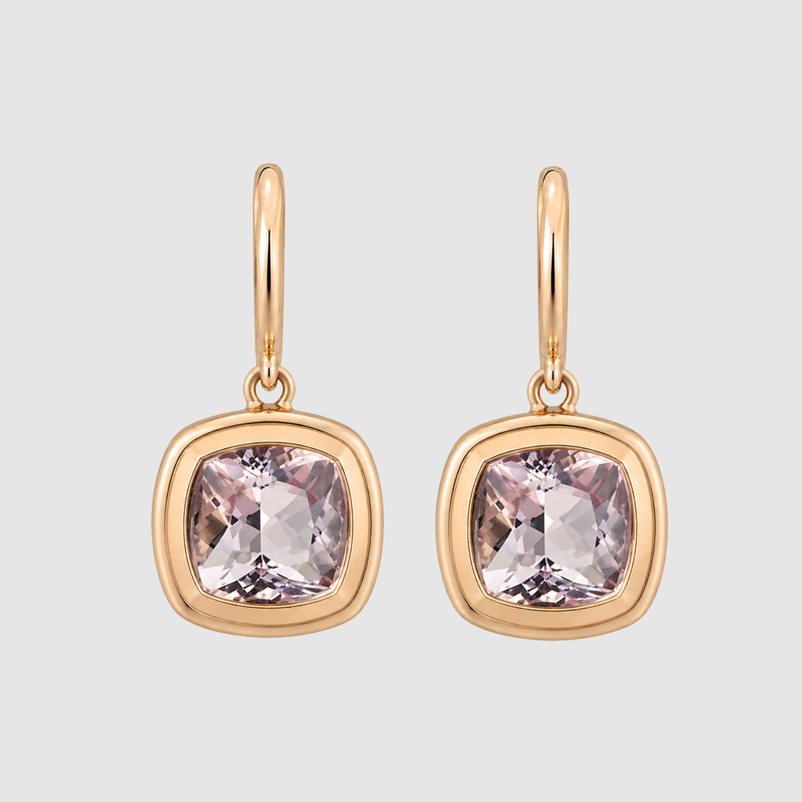 Morganite Cushion Bezel Set Ear Wire Earrings, 18K Yellow Gold