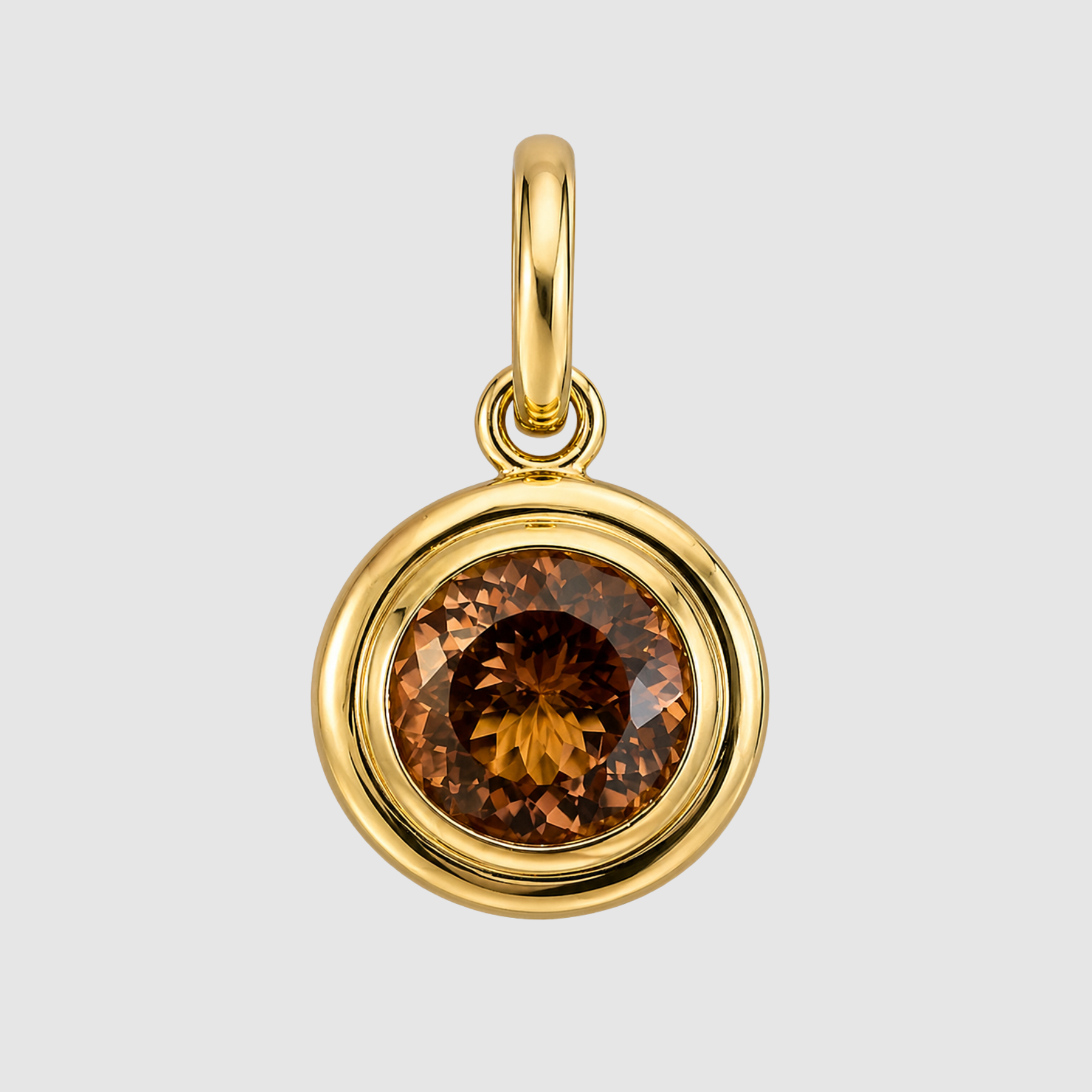 Light Orange Tourmaline Round Bezel Set Pendant, 18K Yellow Gold