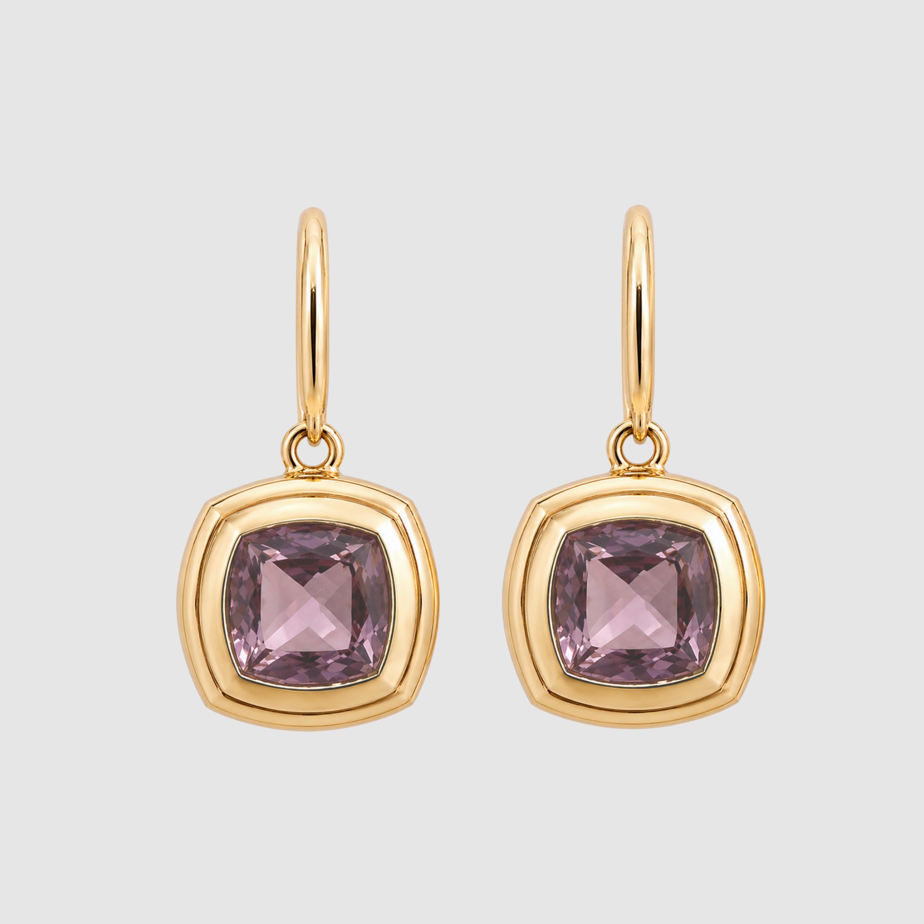 Pink Tourmaline Cushion Bezel Set Ear Wire Earrings, 18K Yellow Gold