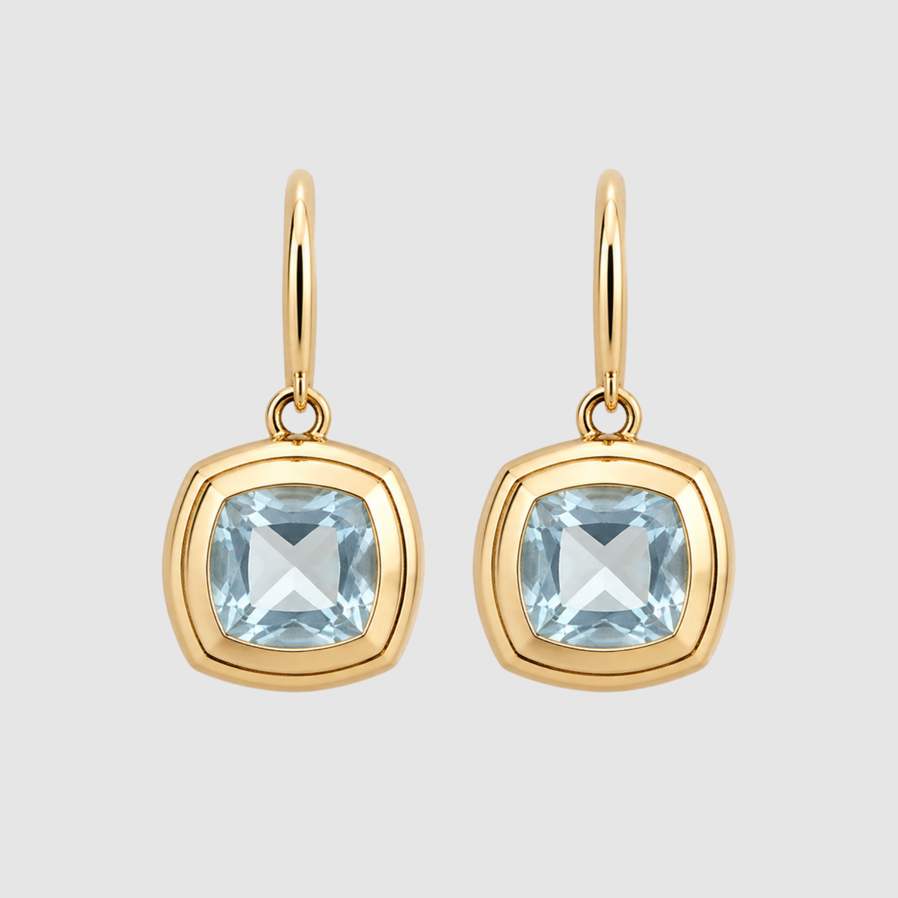 Aquamarine Cushion Bezel Set Ear Wire Earrings, 18K Yellow Gold