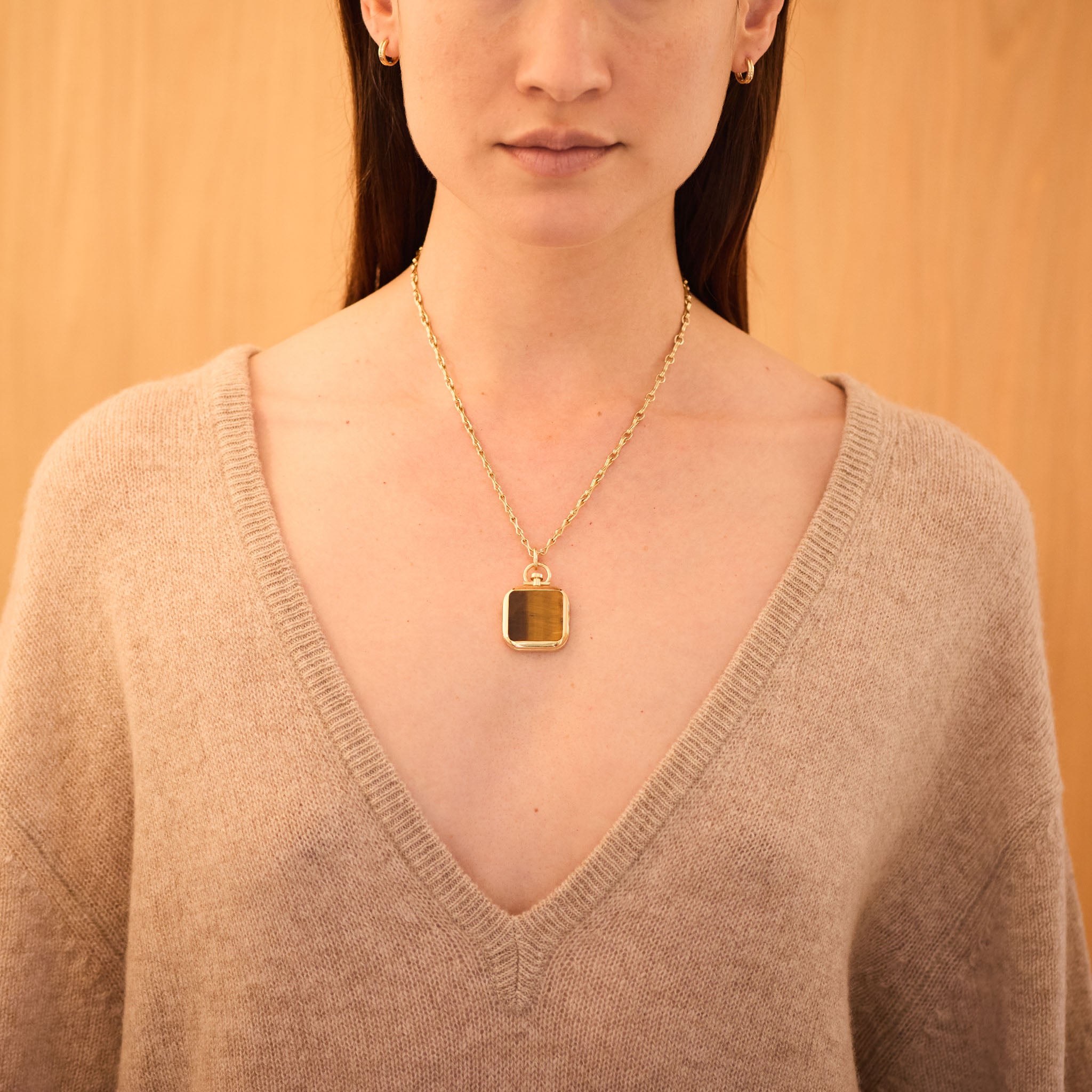 Reversible Square Tiger's Eye Barre Photo Locket 18k Yellow Gold (One Side Stone, One Side Barre)