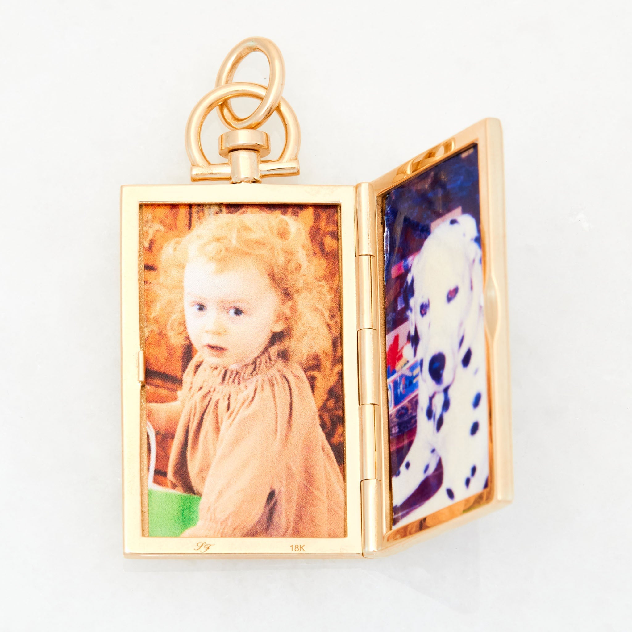 Reversible Rectangle Mustard Chalcedony Barre Photo Locket 18k Yellow Gold (One Side Stone, One Side Barre)