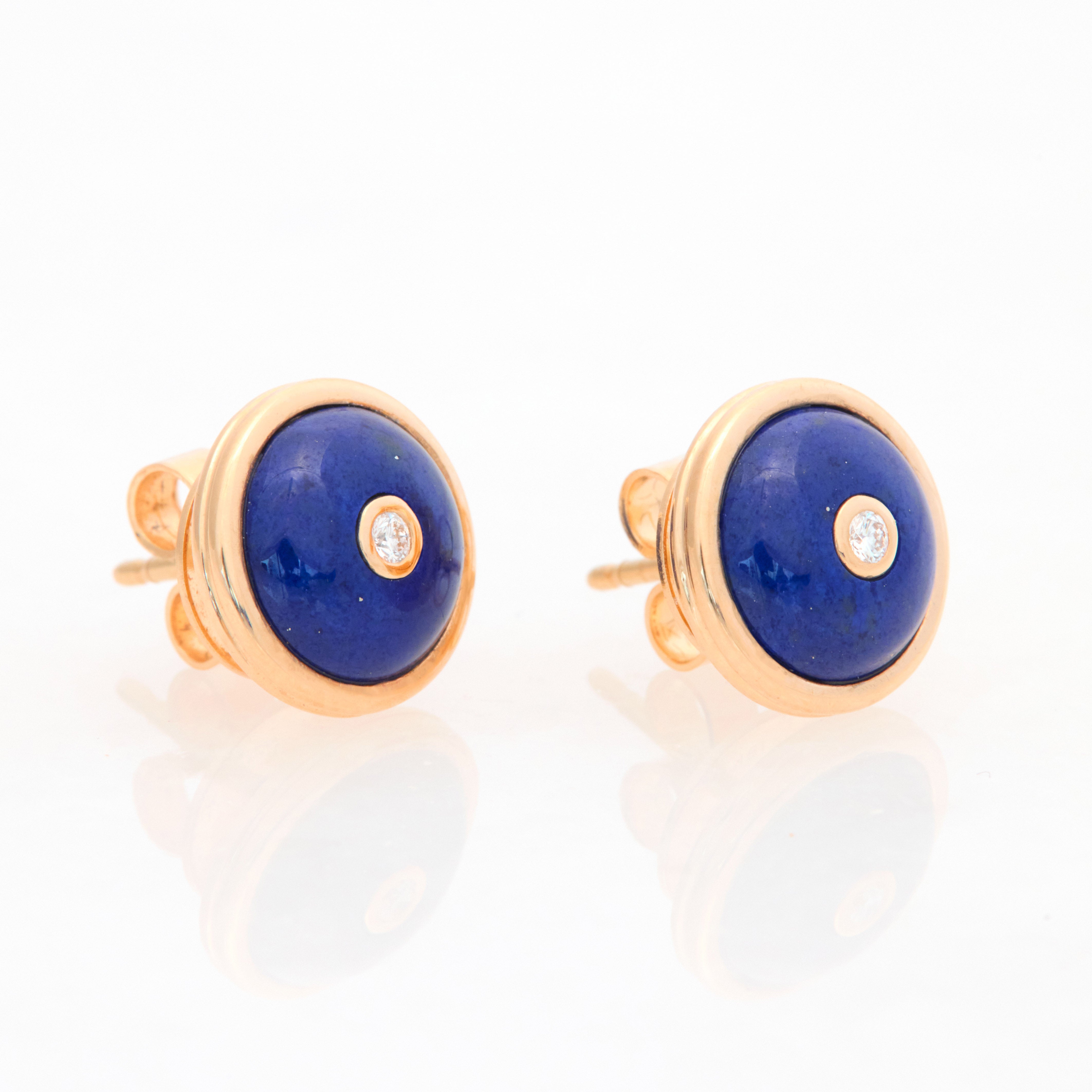 Round Lapis Lazuli Diamond Studs, 18K Yellow Gold, Small