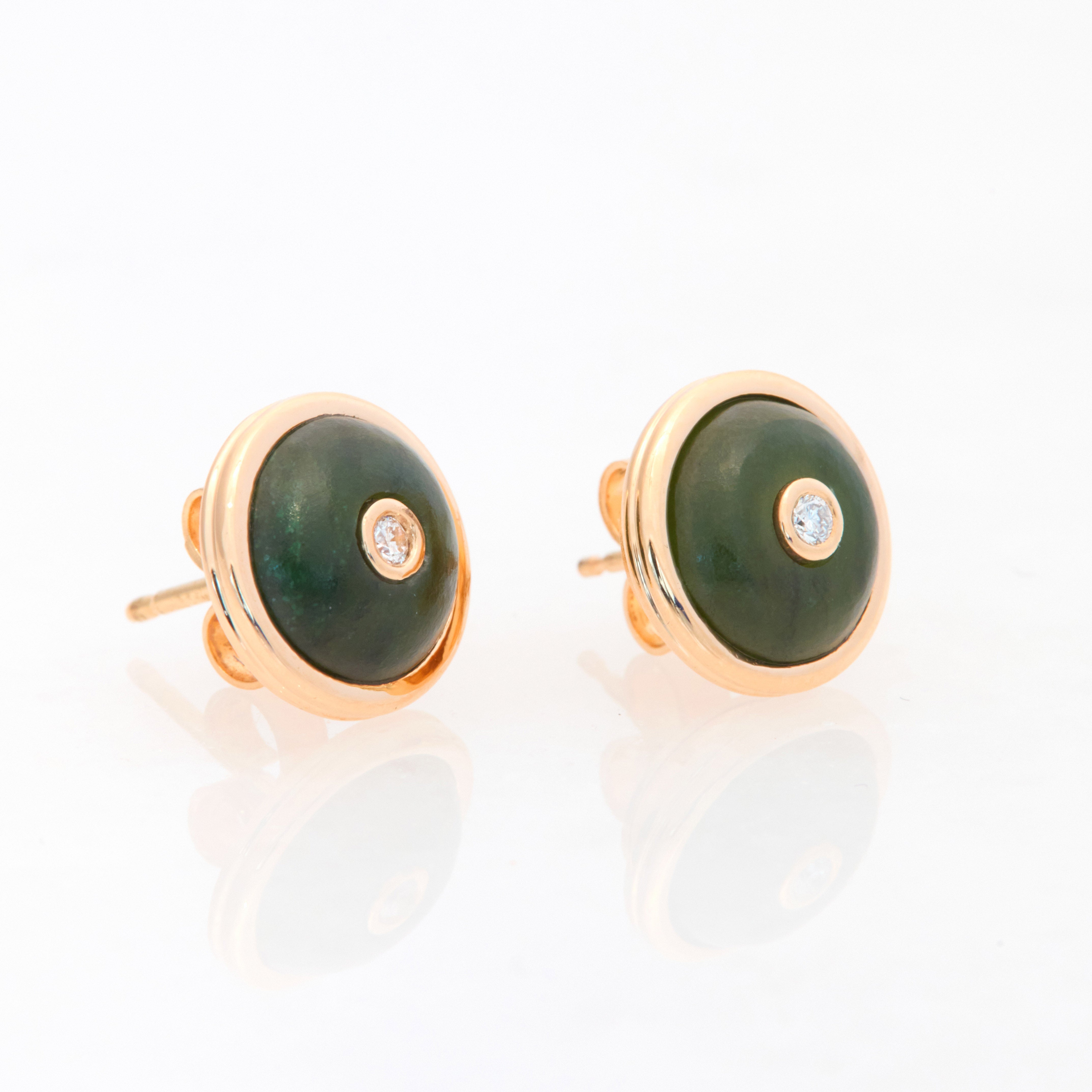 Round Nephrite Jade Diamond Studs, 18K Yellow Gold, Small