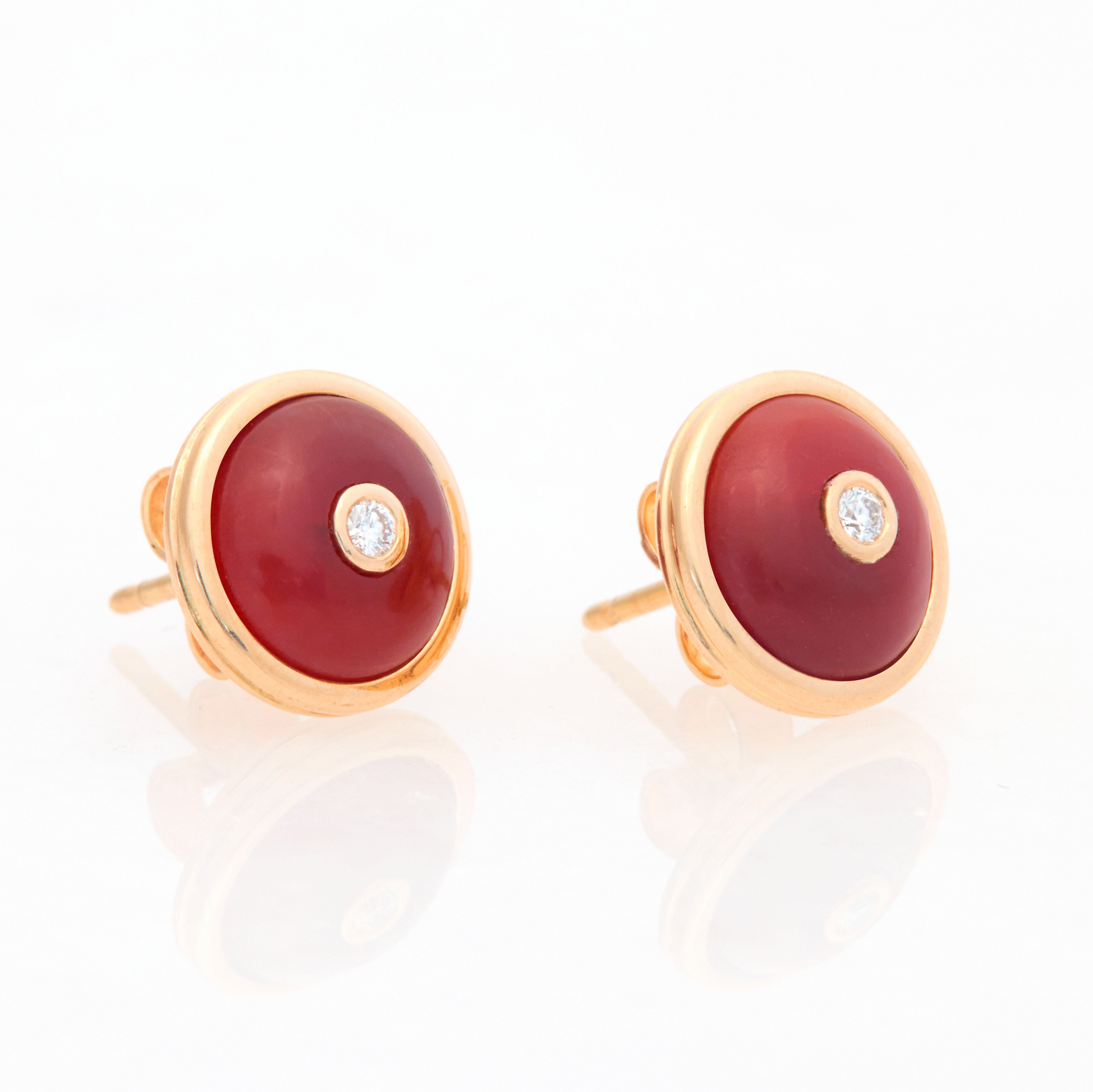 Round Burnt Red Chalcedony Diamond Studs, 18K Yellow Gold,  Small