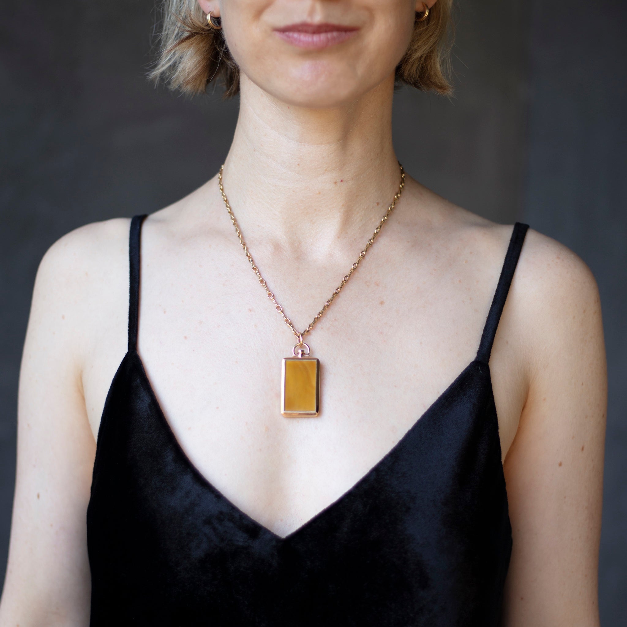 Reversible Rectangle Mustard Chalcedony Barre Photo Locket 18k Yellow Gold (One Side Stone, One Side Barre)