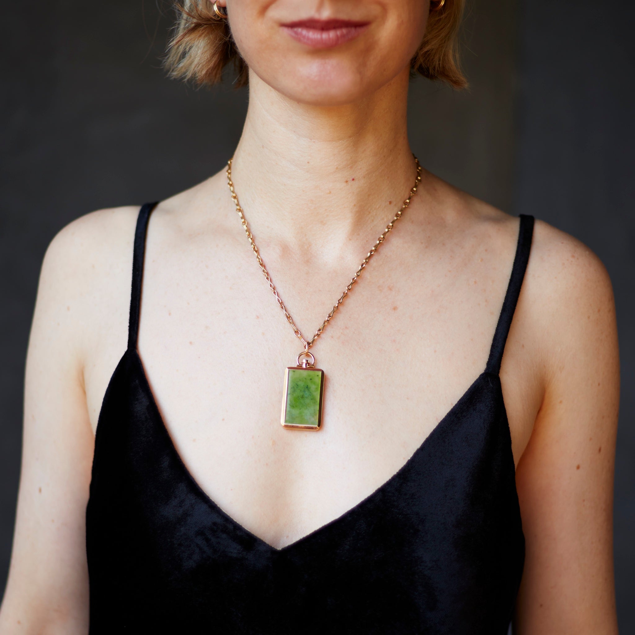 Reversible Rectangle Nephrite Jade Barre Photo Locket 18k Yellow Gold (One Side Stone, One Side Barre)