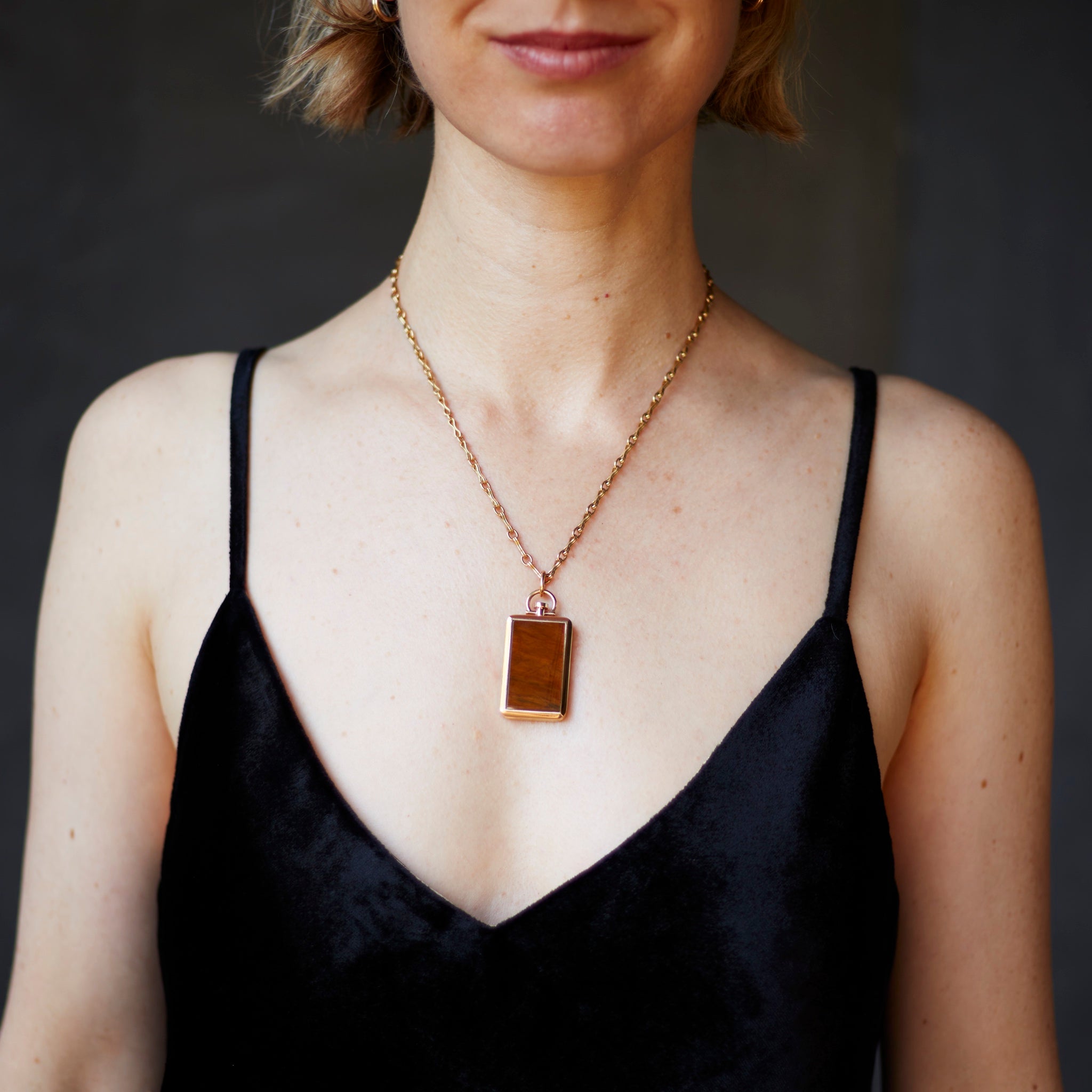 Reversible Rectangle Tiger Eye Barre Photo Locket 18k Yellow Gold (One Side Stone, One Side Barre)