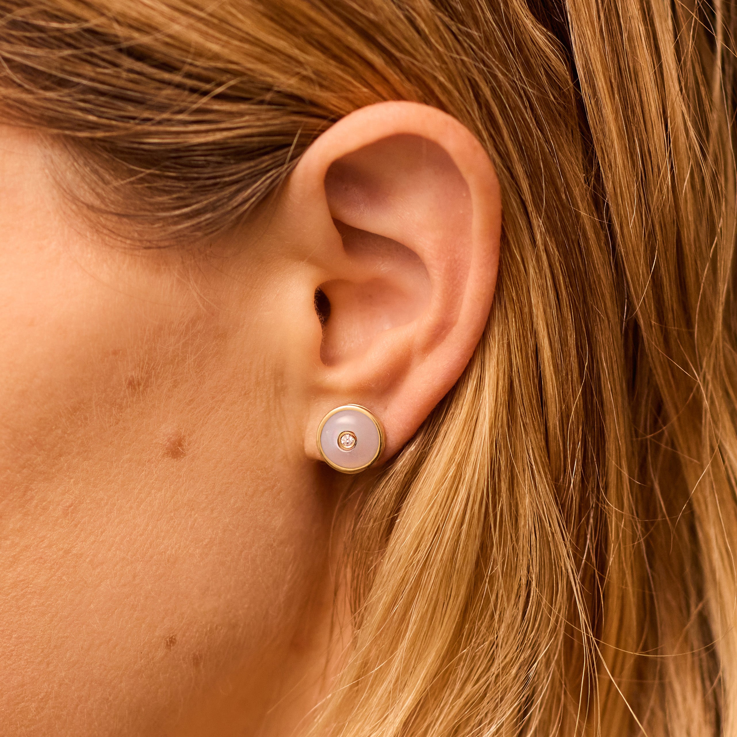 Round Blue Chalcedony Diamond Studs, 18K Yellow Gold,  Small