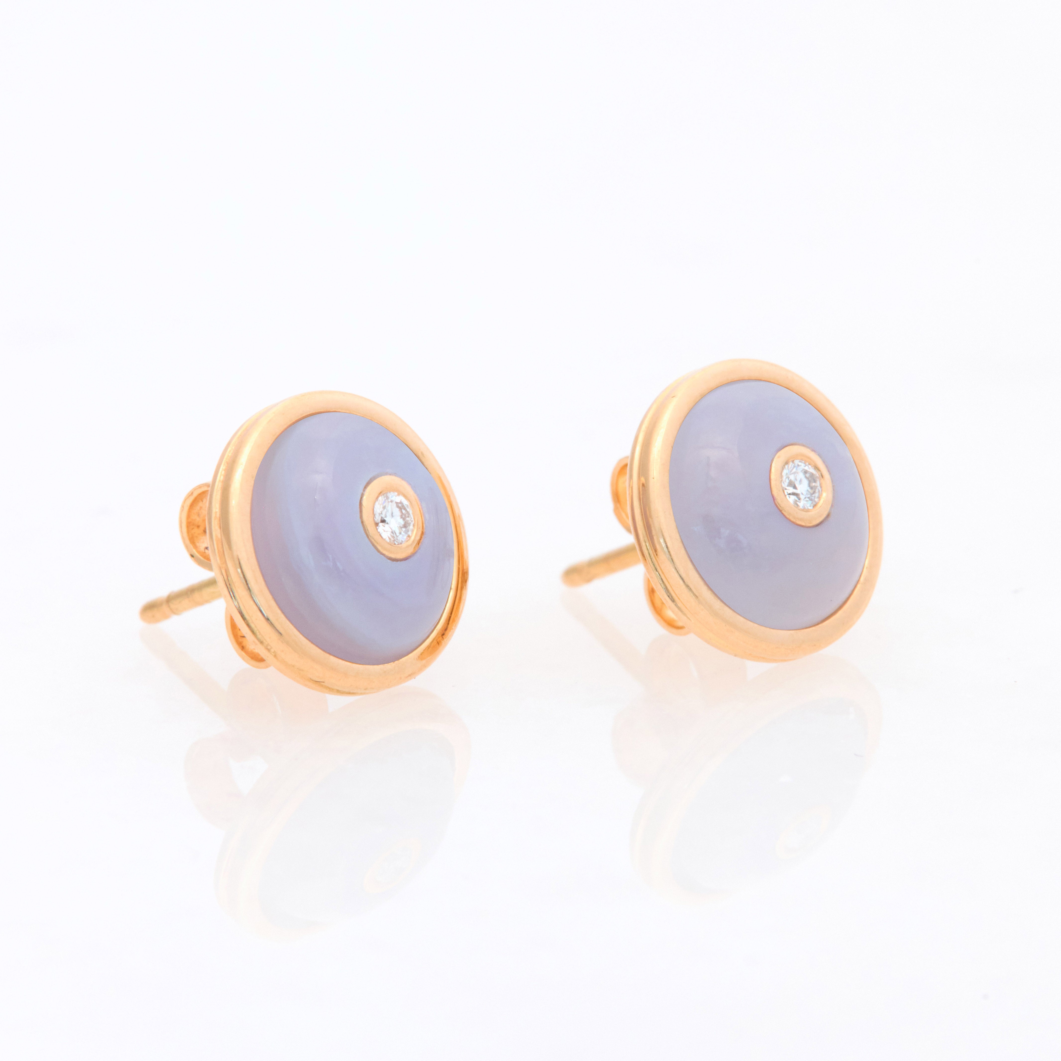 Round Blue Chalcedony Diamond Studs, 18K Yellow Gold,  Small