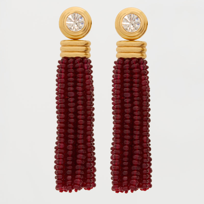 Diamond Round Brilliant Studs with Ruby Tassels, 18K Yellow Gold