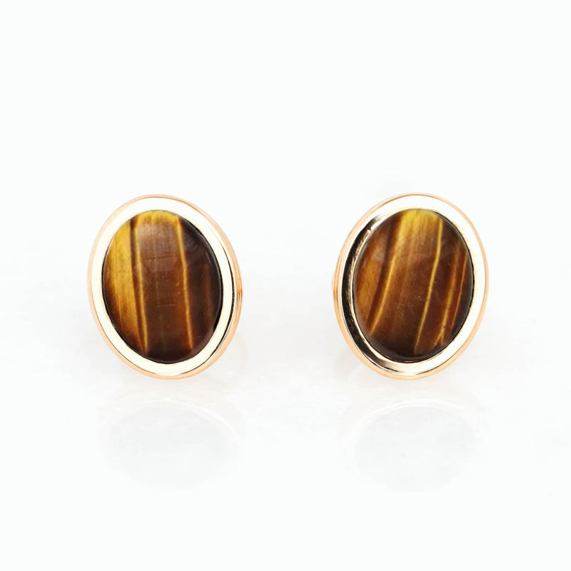 Oval Tiger Eye Studs, 18K Yellow Gold, Small